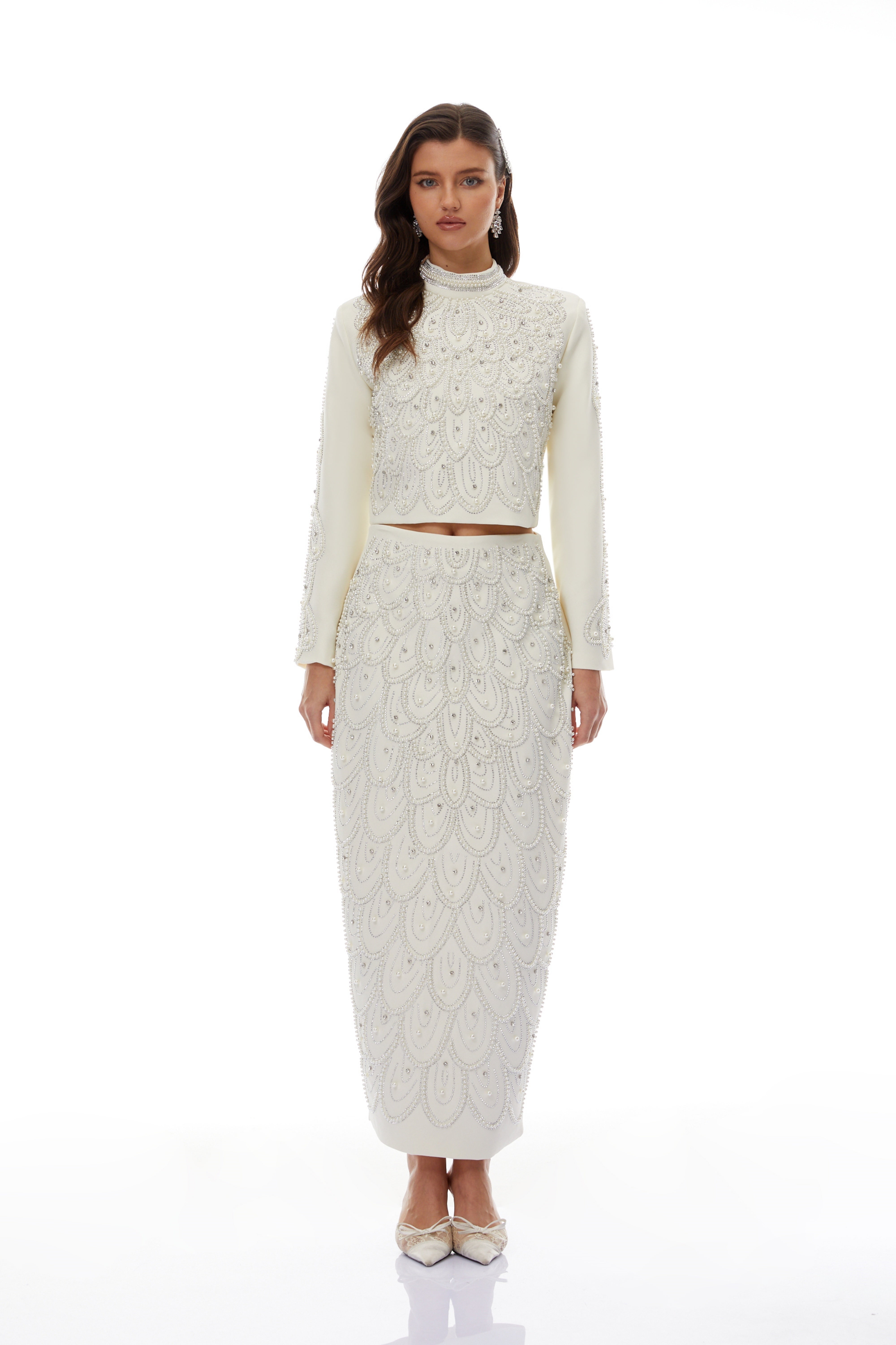 Vigdís White Bead Embellished Blouse & Skirt Set