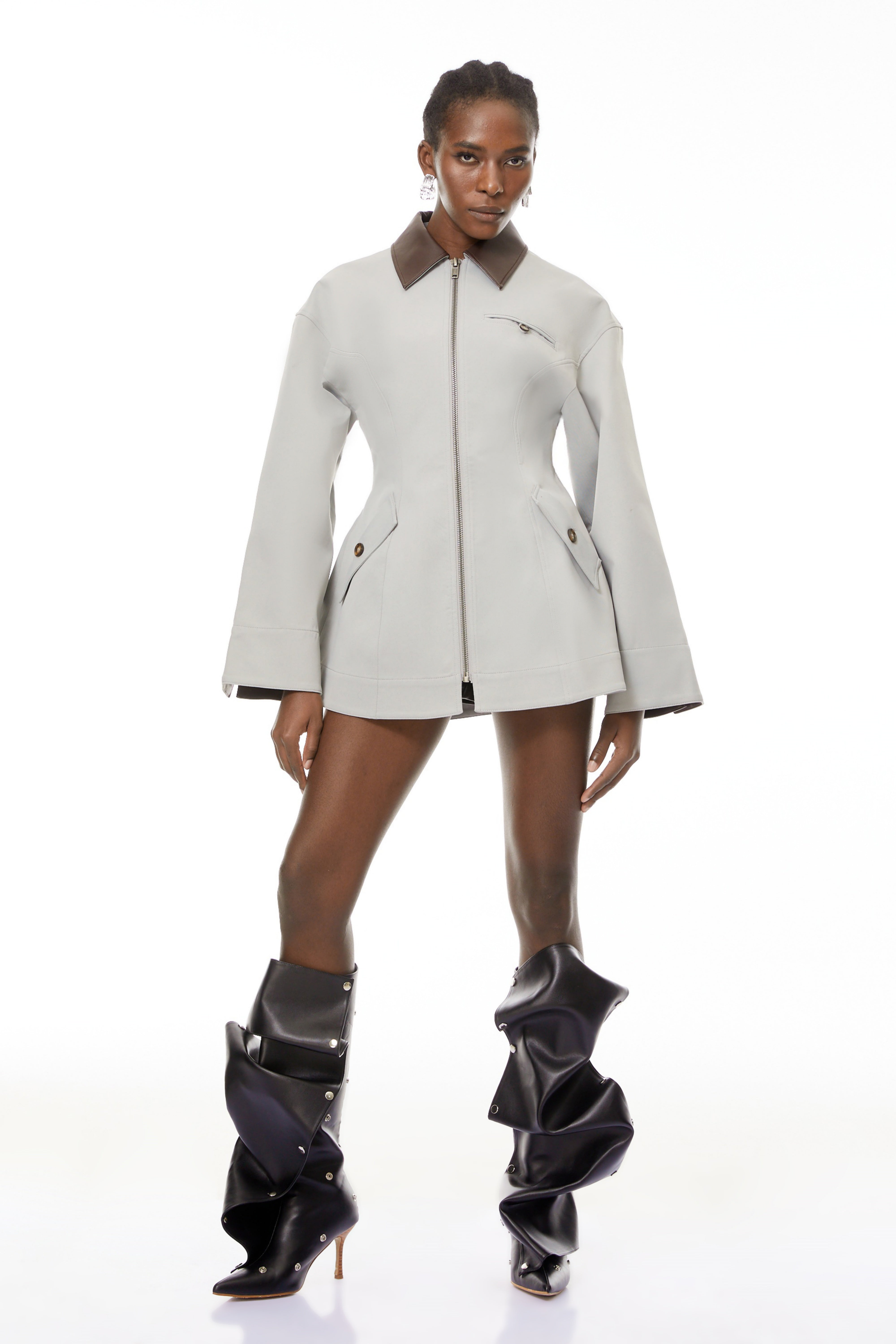 Vilma Grey Leather Collar Hunting Jacket