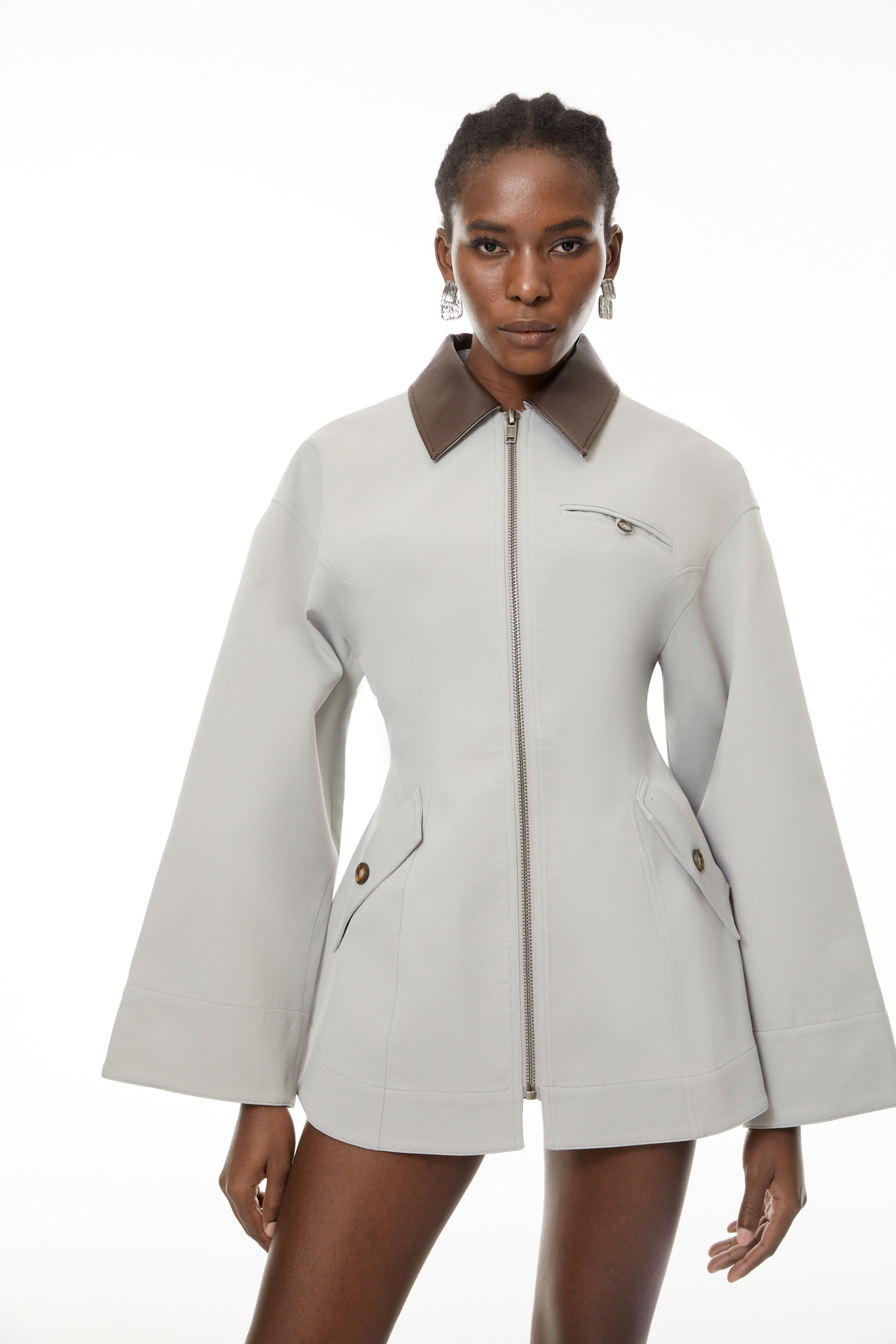 Vilma Grey Leather Collar Hunting Jacket