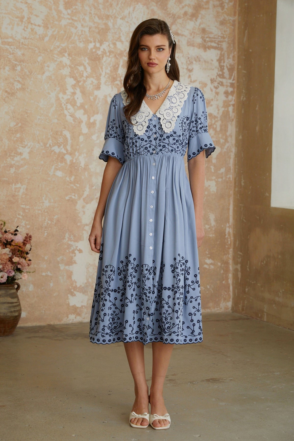Violet Blue Floral Embroidered Midi Dress with Lace Lapels