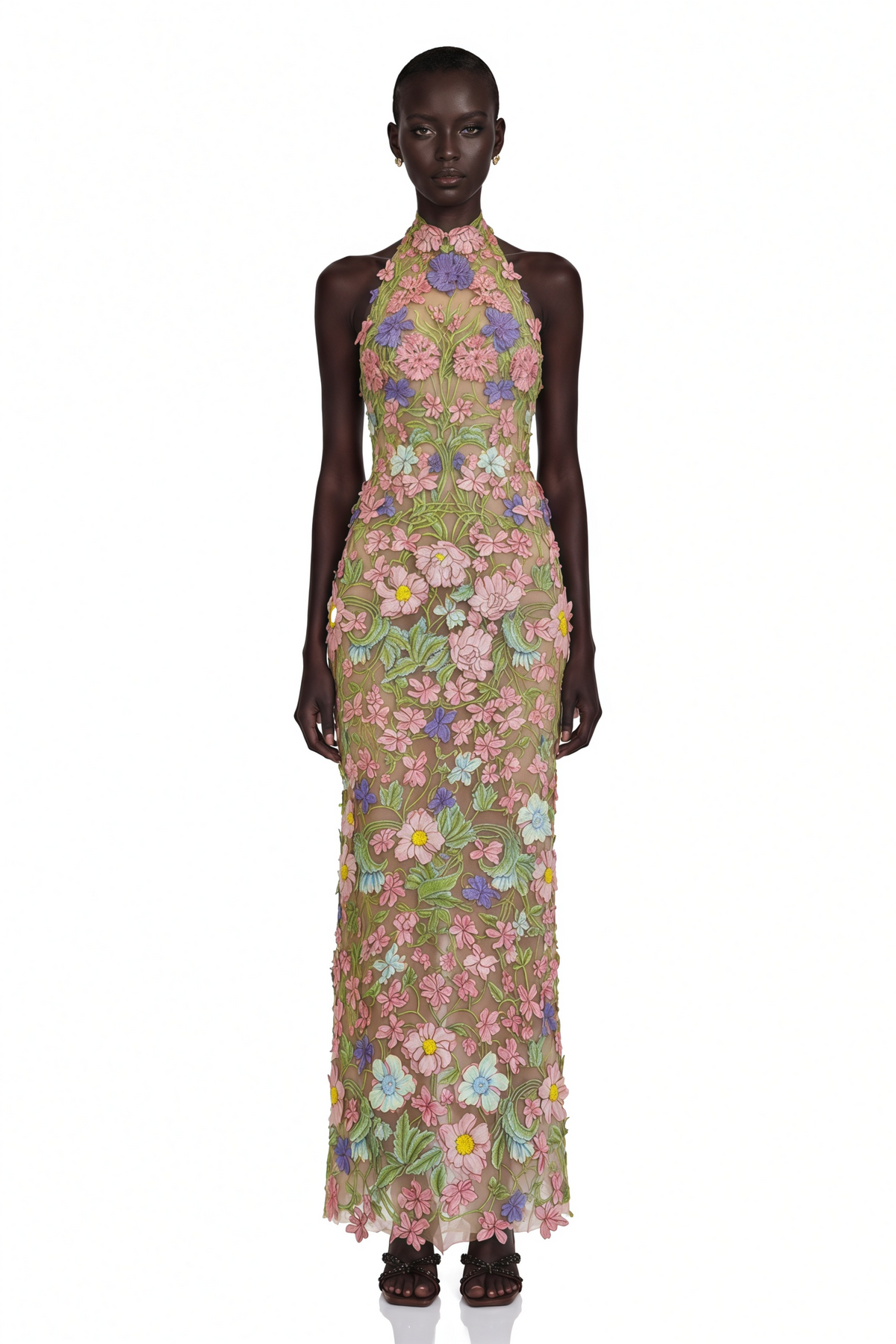 Violette Nude Halterneck Maxi Dress with 3D Florals
