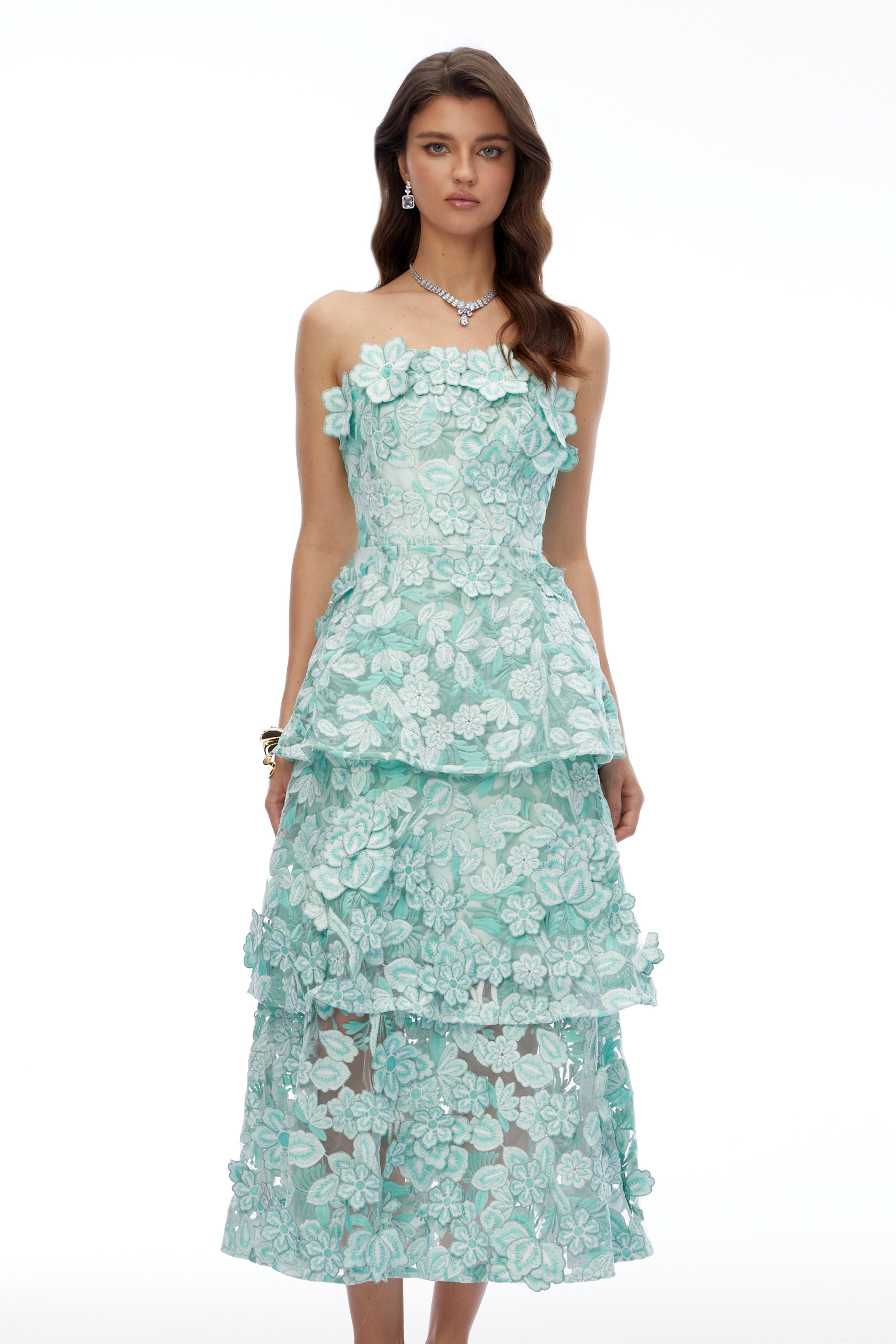 Viviana Green Tiered Midi Dress with 3D Florals