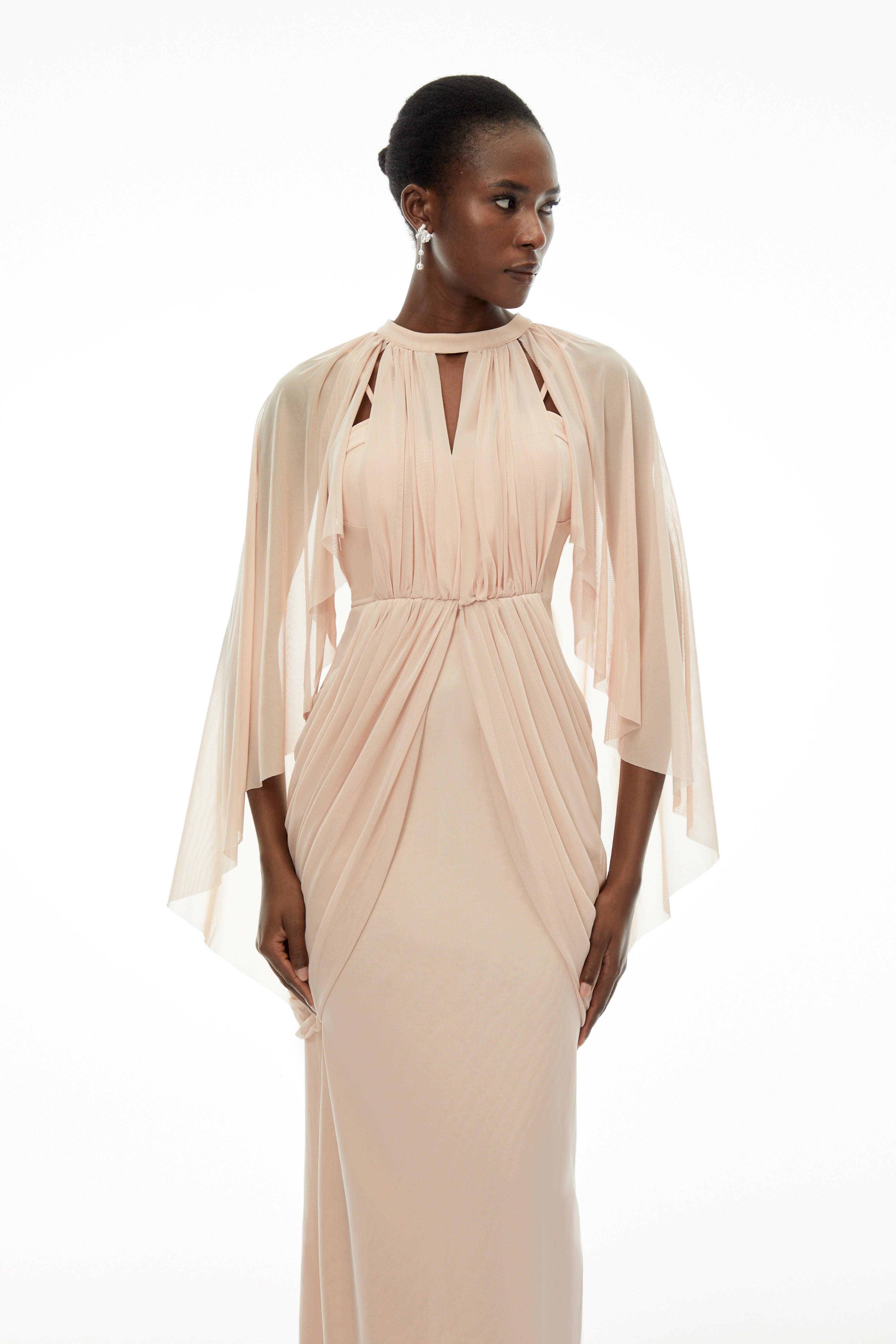 Vivienne Ruched Maxi Dress with Cape Sleeves