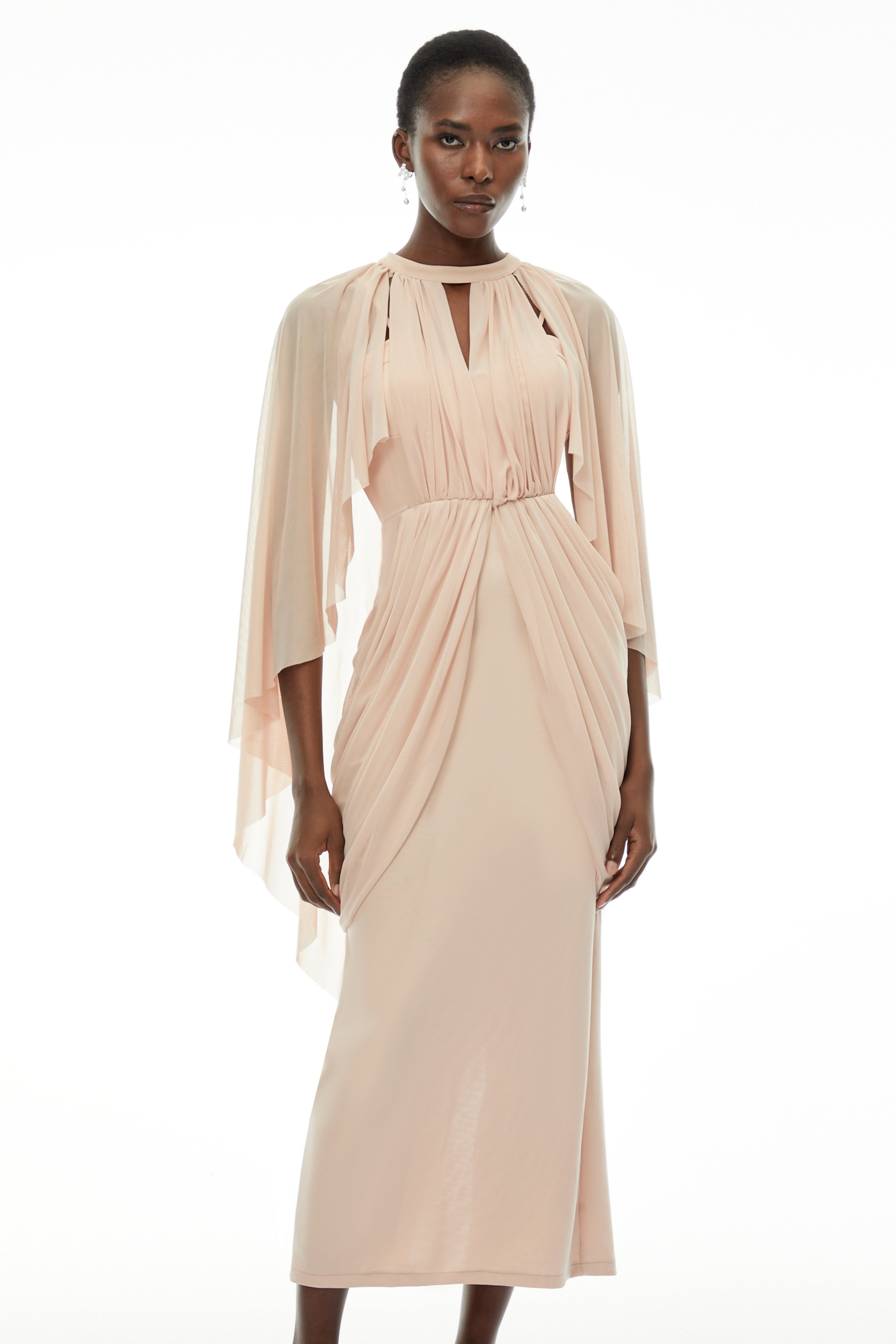 Vivienne Ruched Maxi Dress with Cape Sleeves