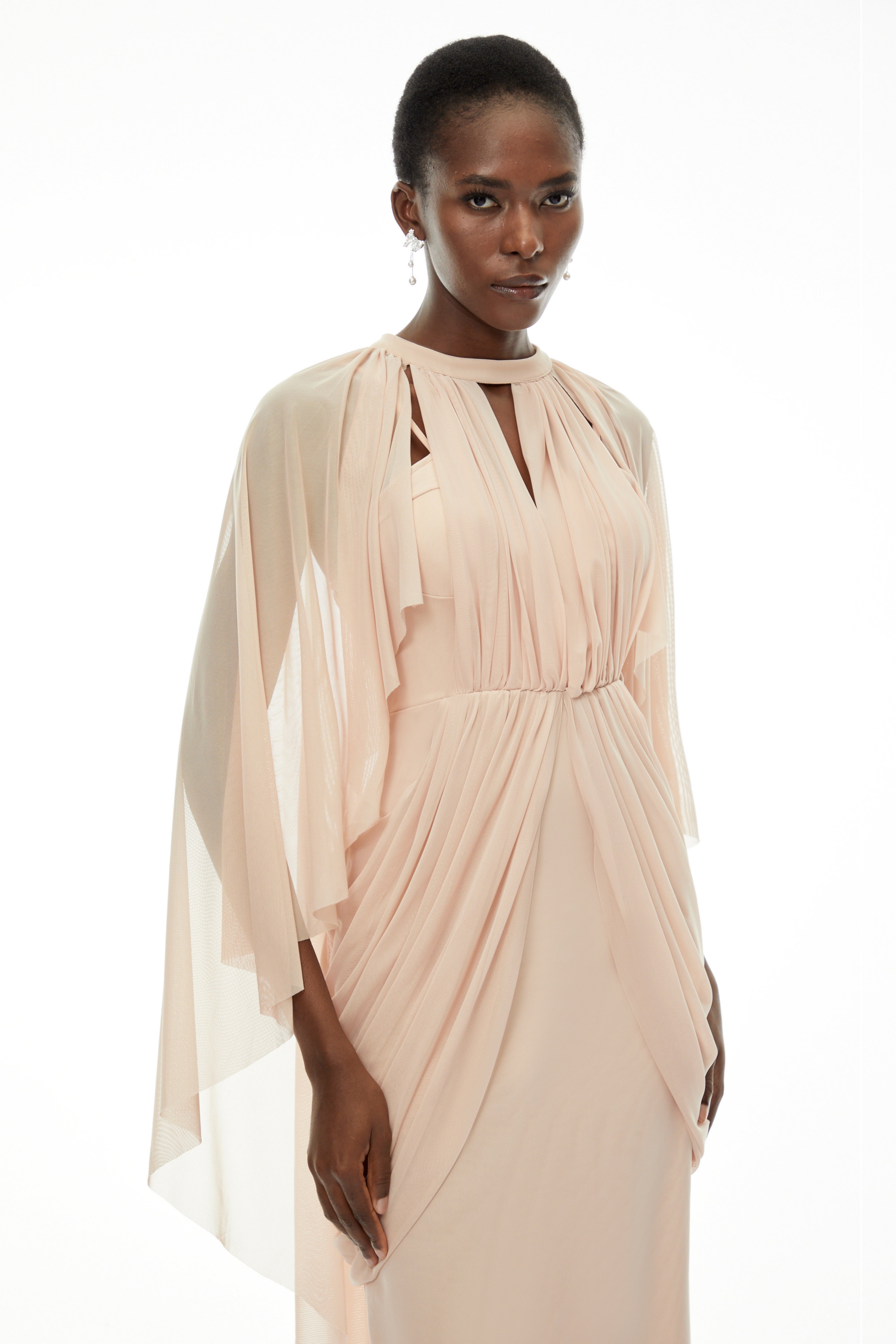 Vivienne Ruched Maxi Dress with Cape Sleeves