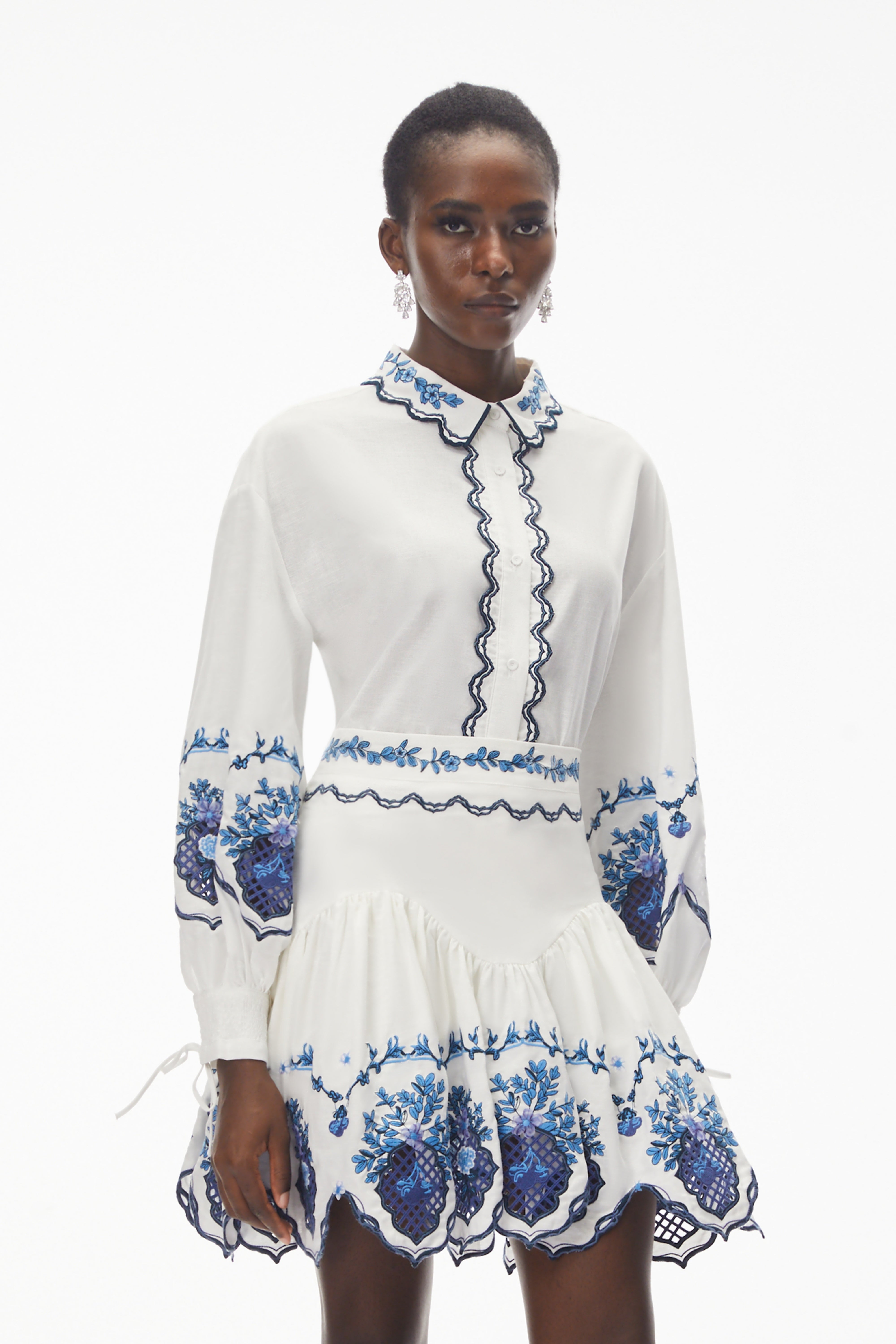 Vivienne White Embroidered Blouse & Skirt Set with Cut-Outs