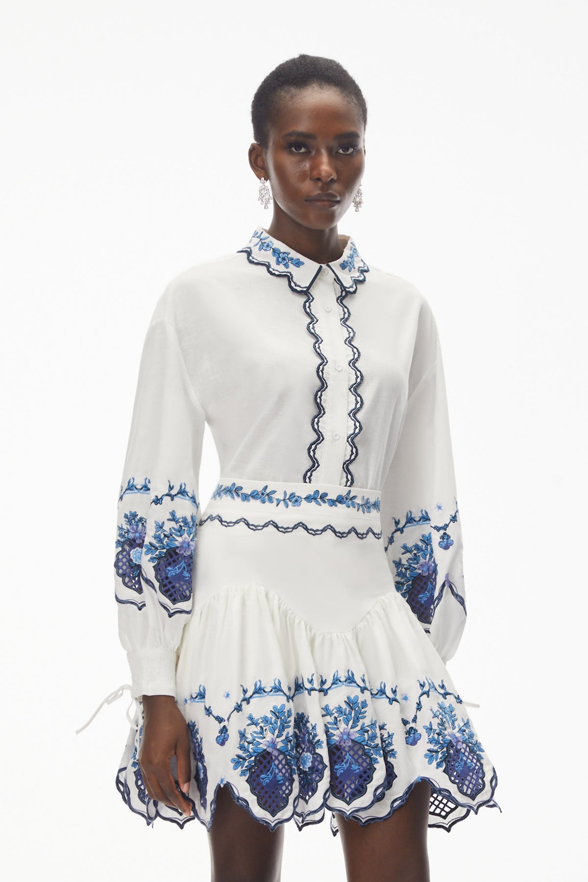 Vivienne White Embroidered Blouse & Skirt Set with Cut-Outs