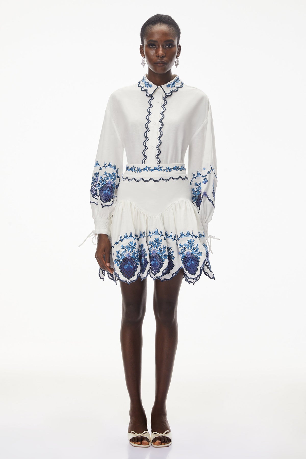 Vivienne White Embroidered Blouse & Skirt Set with Cut-Outs