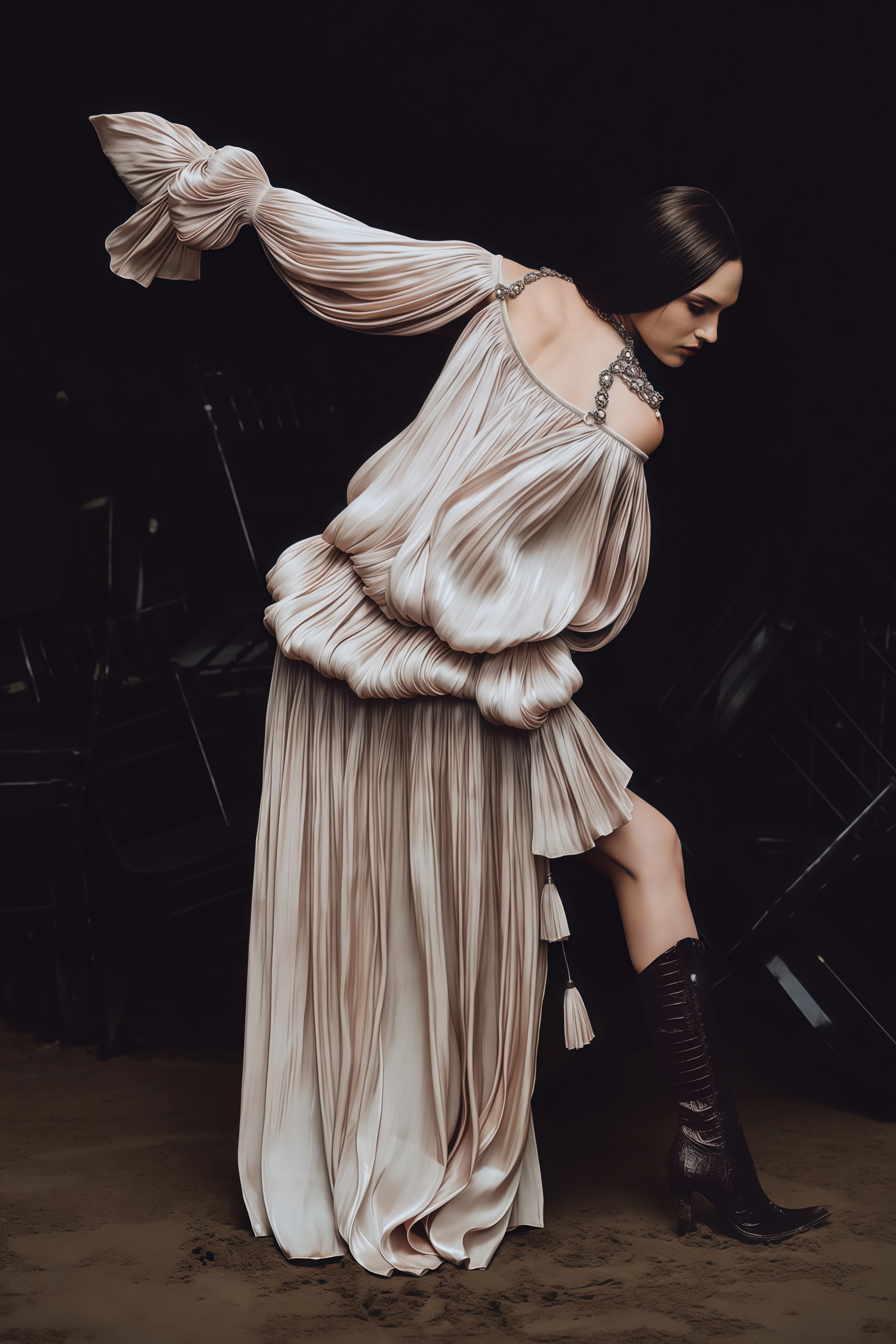 Vlasta Khaki Ruched Bubble Maxi Dress with Chain