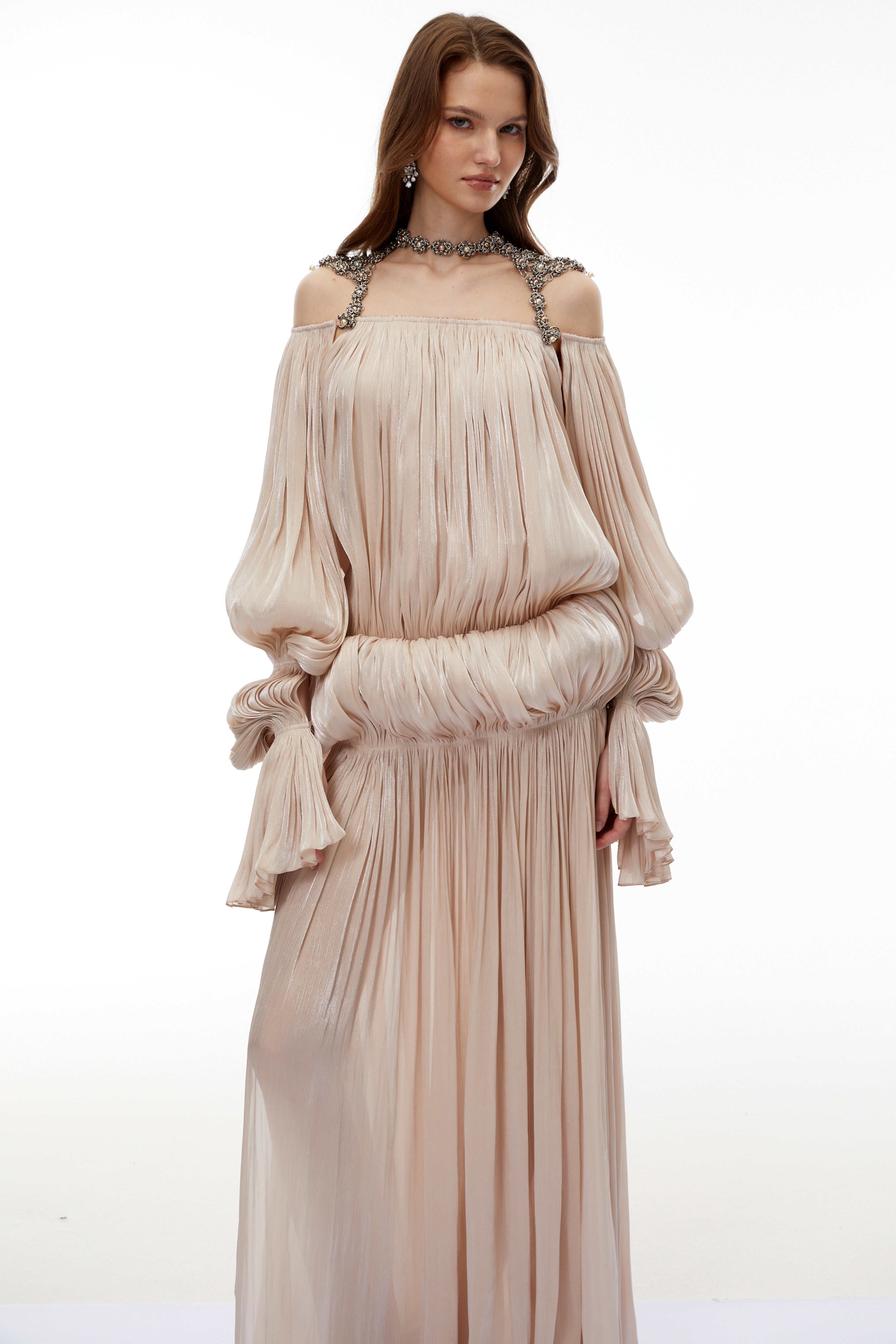 Vlasta Khaki Ruched Bubble Maxi Dress with Chain