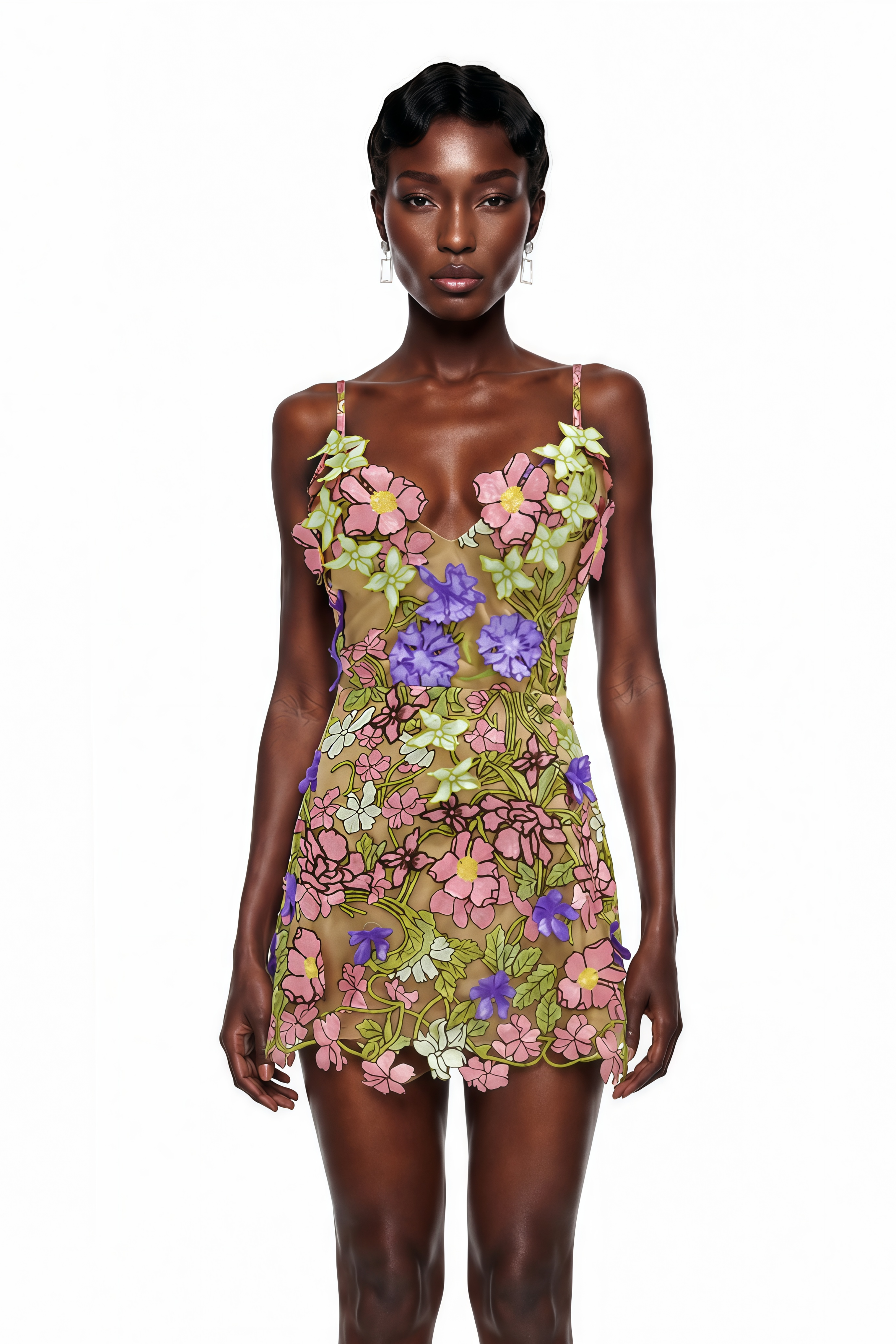 Wakatipu Green V-Neck Mini Dress with 3D Florals