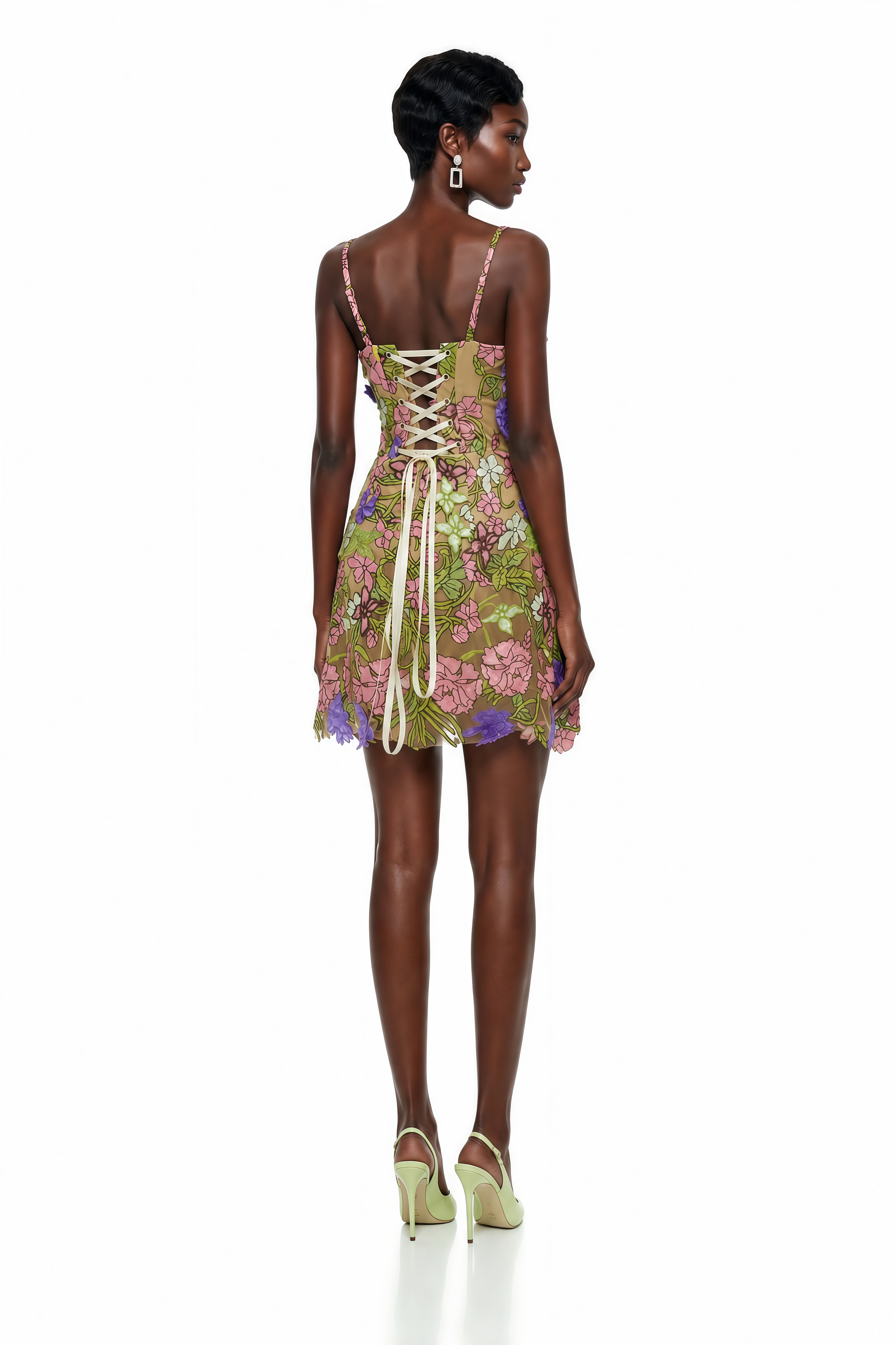 Wakatipu Green V-Neck Mini Dress with 3D Florals