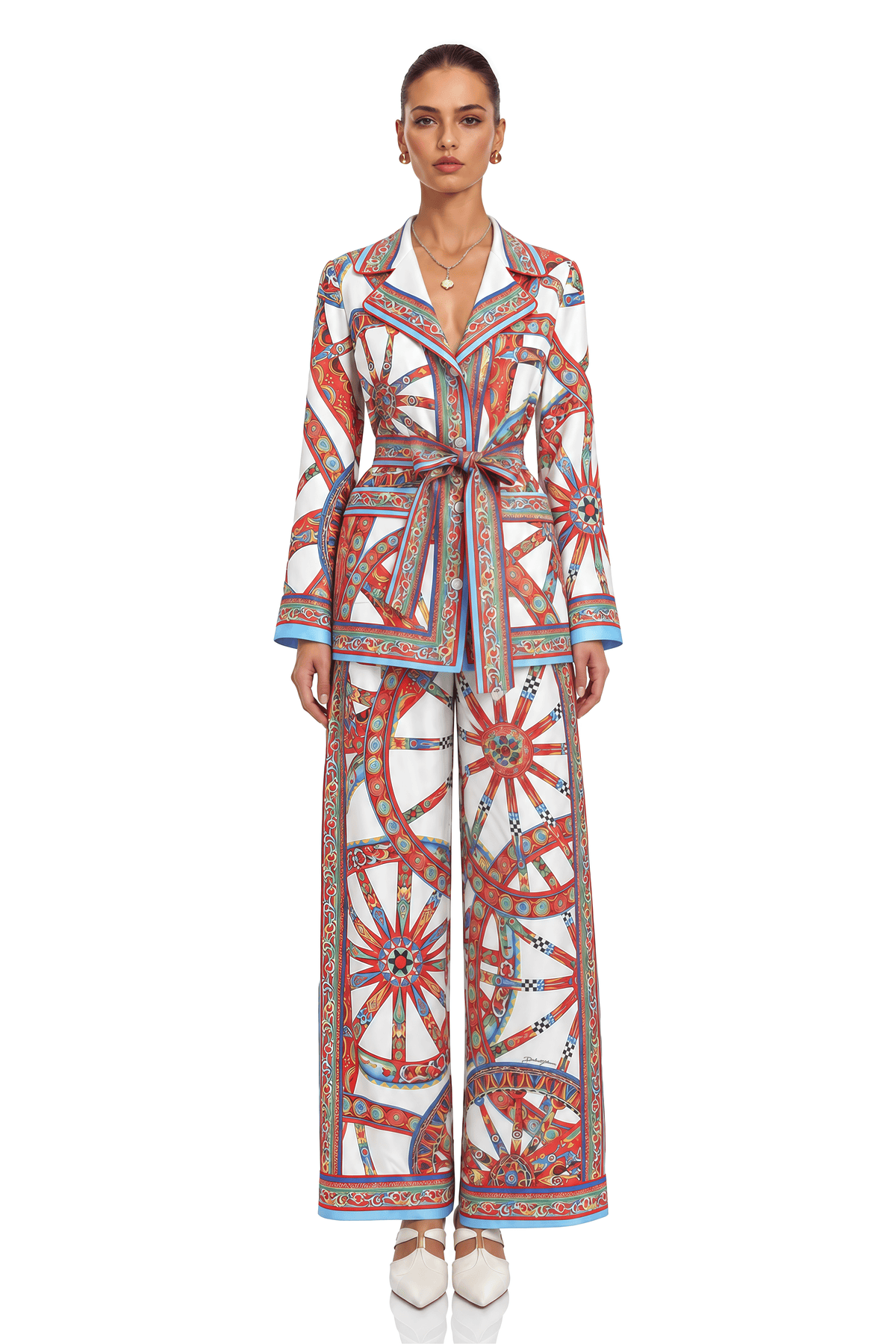 whinnie red printed blouse & wide leg trousers set