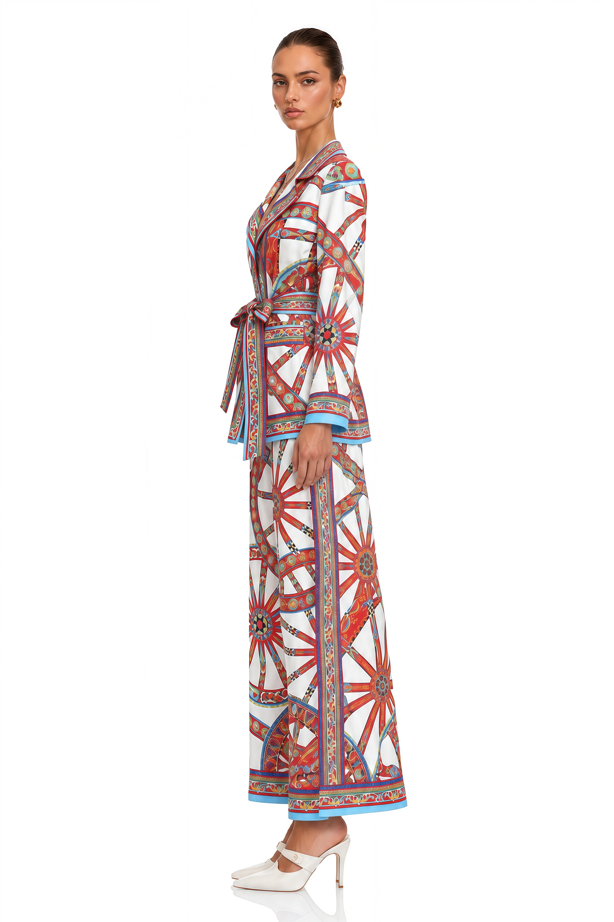 whinnie red printed blouse & wide leg trousers set