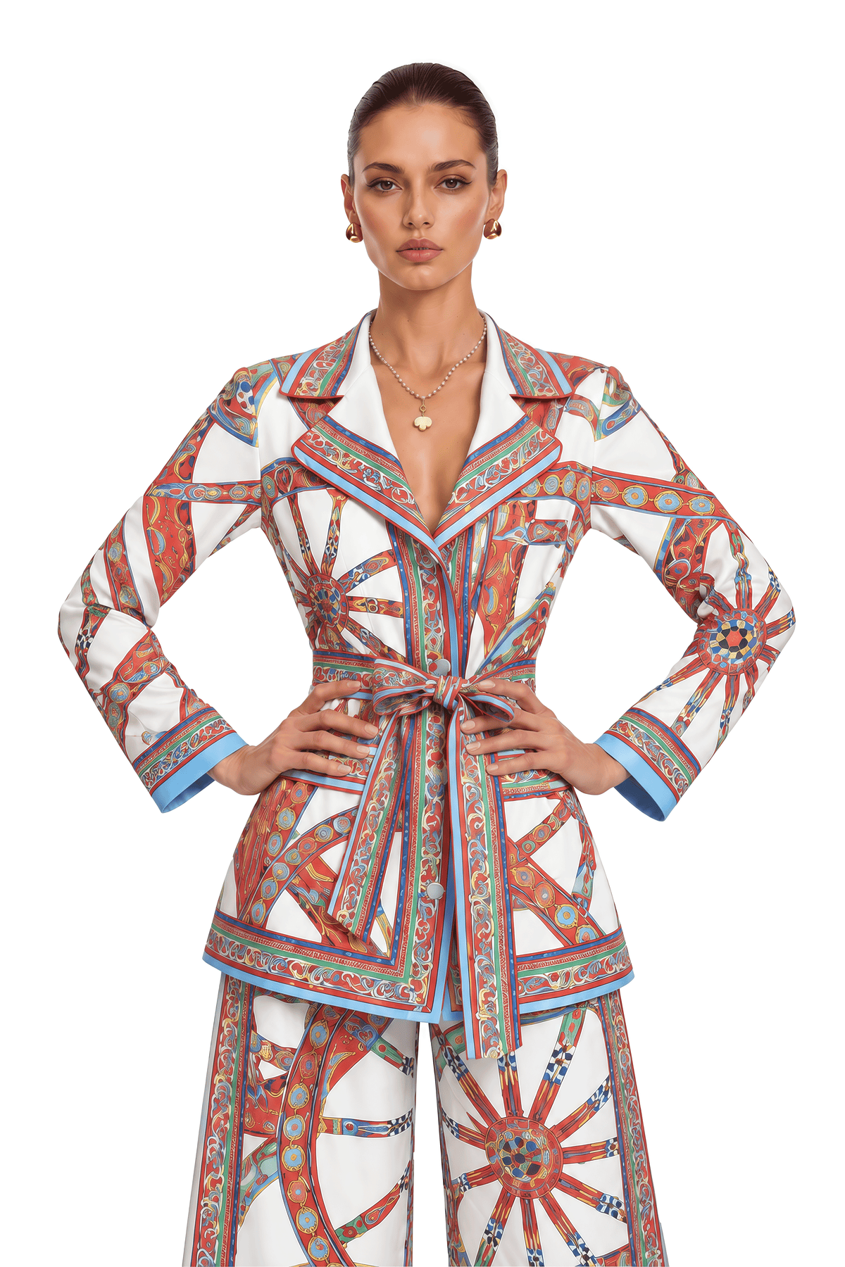 whinnie red printed blouse & wide leg trousers set