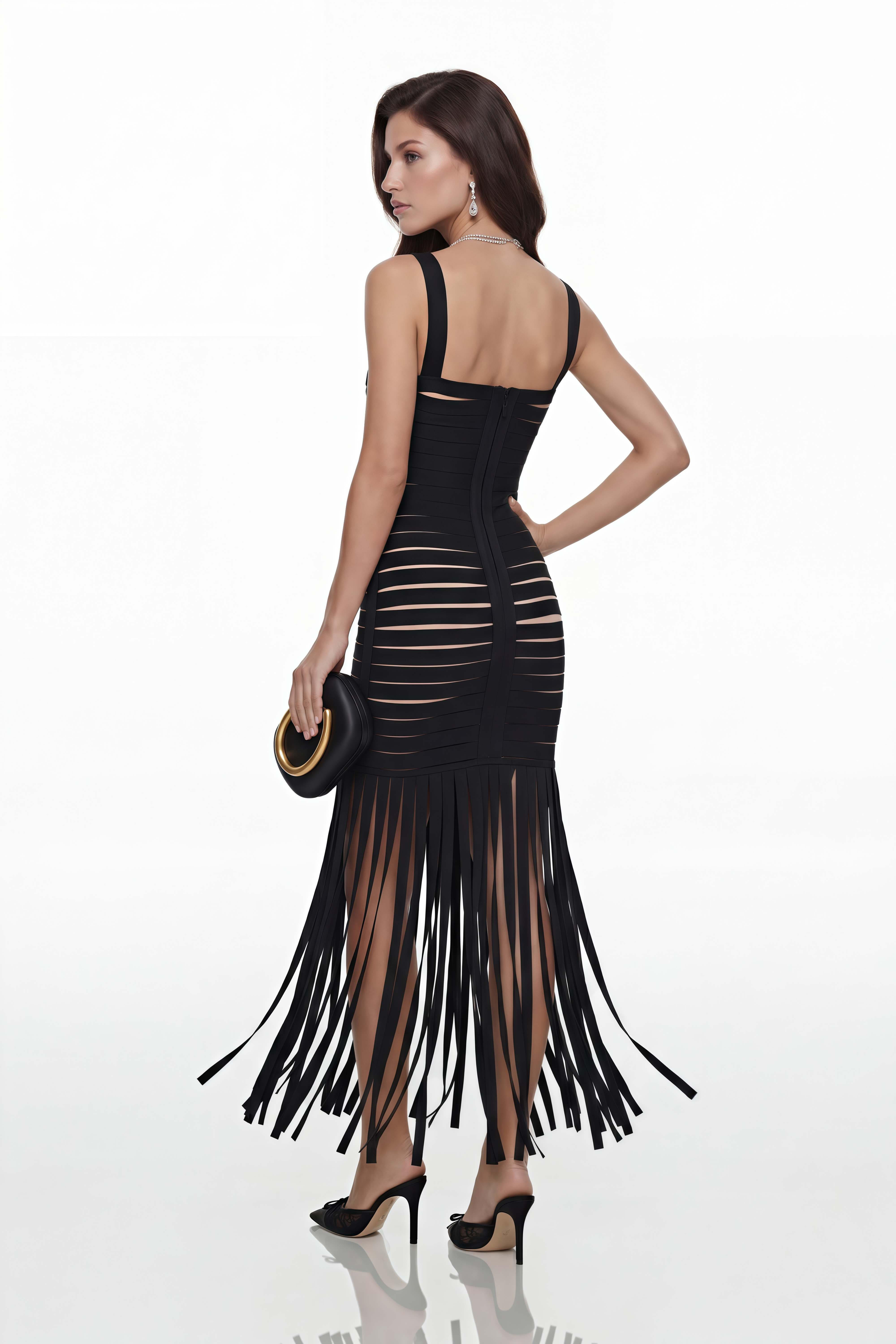 Whitney Black Cut-Out Maxi Dress with Fringe