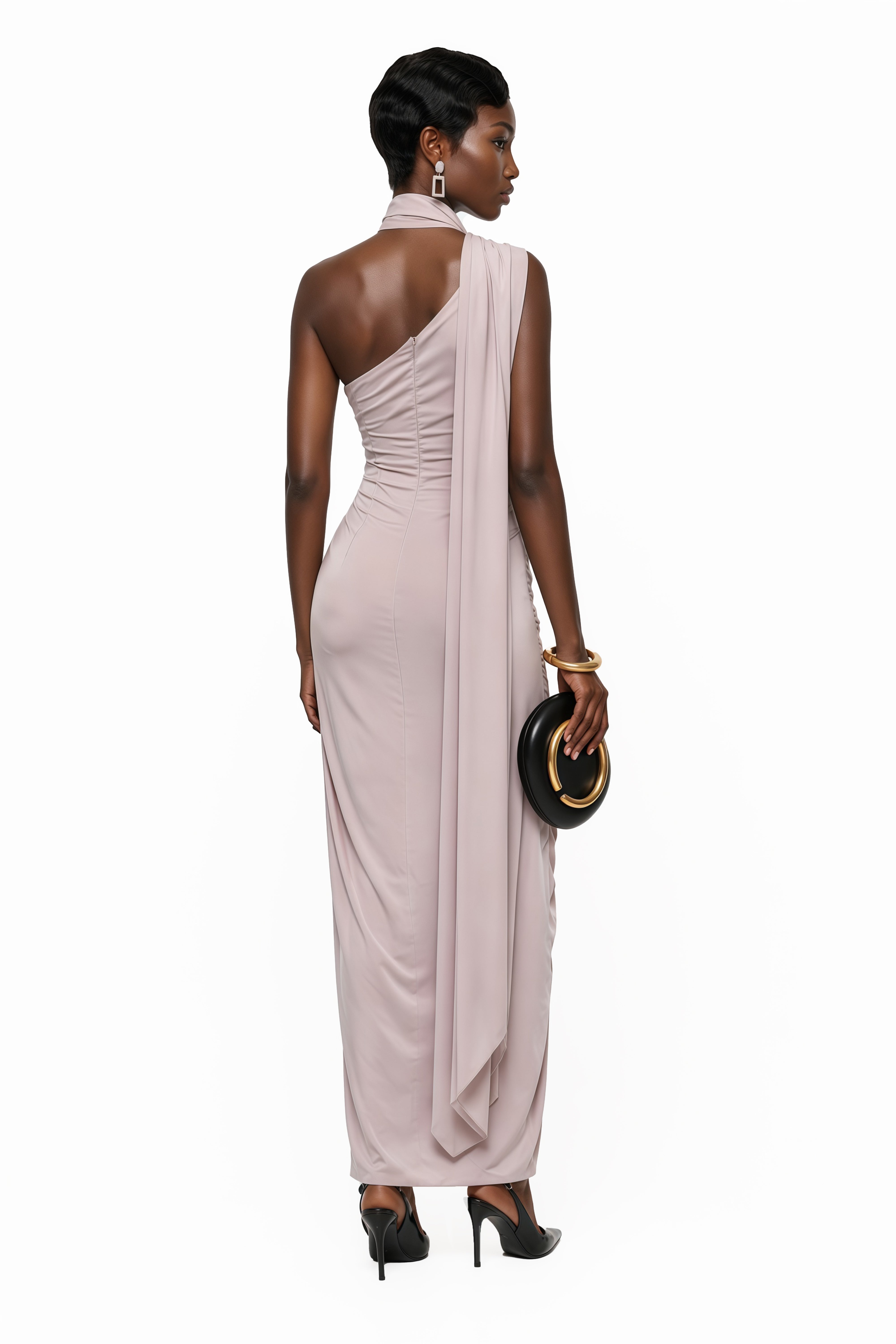 Wilhelmina Dusty Pink Asymmetrical Ruched Maxi Dress