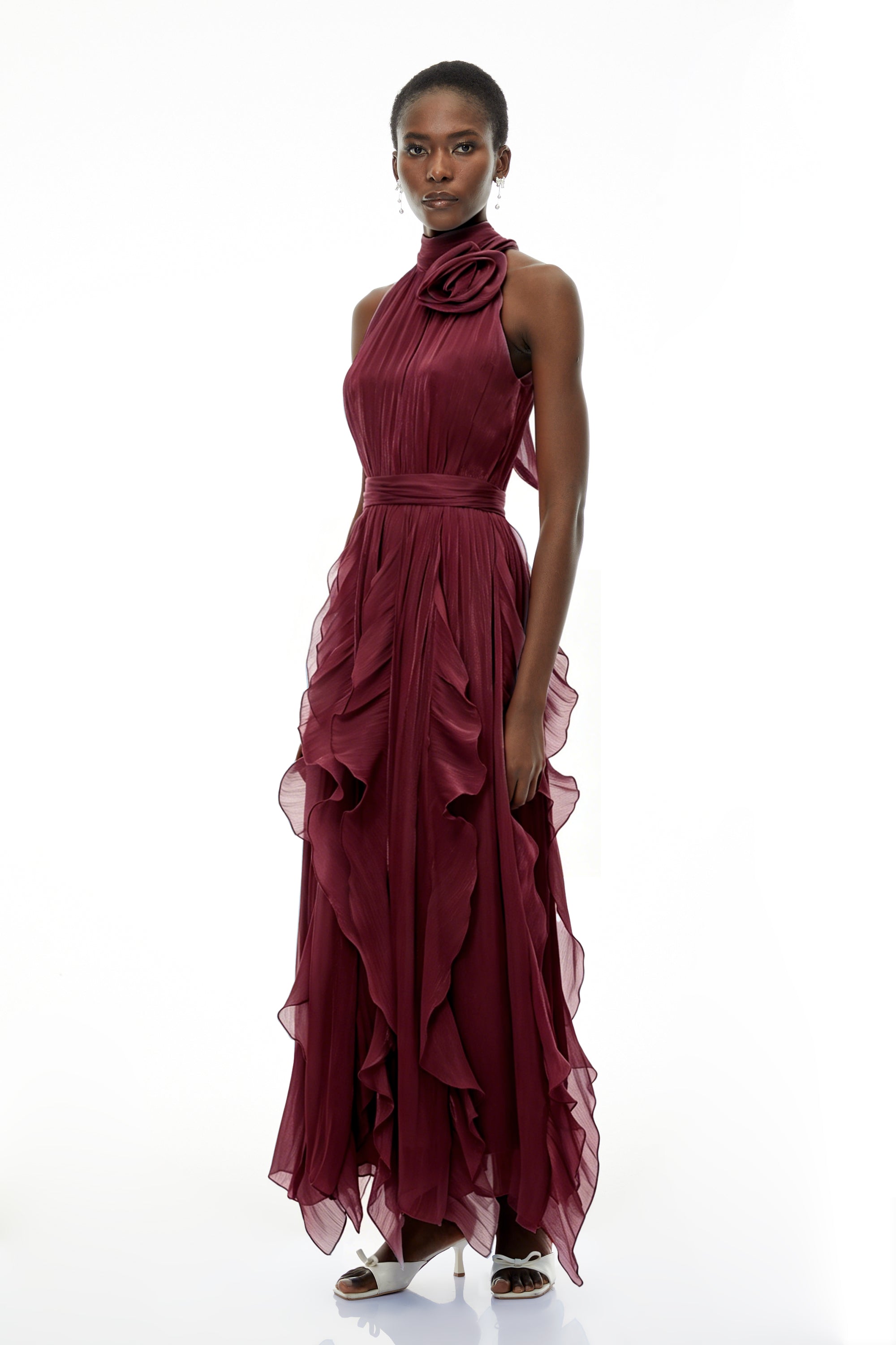 Willow Burgundy Halterneck Ruched Maxi Dress with 3D Florals