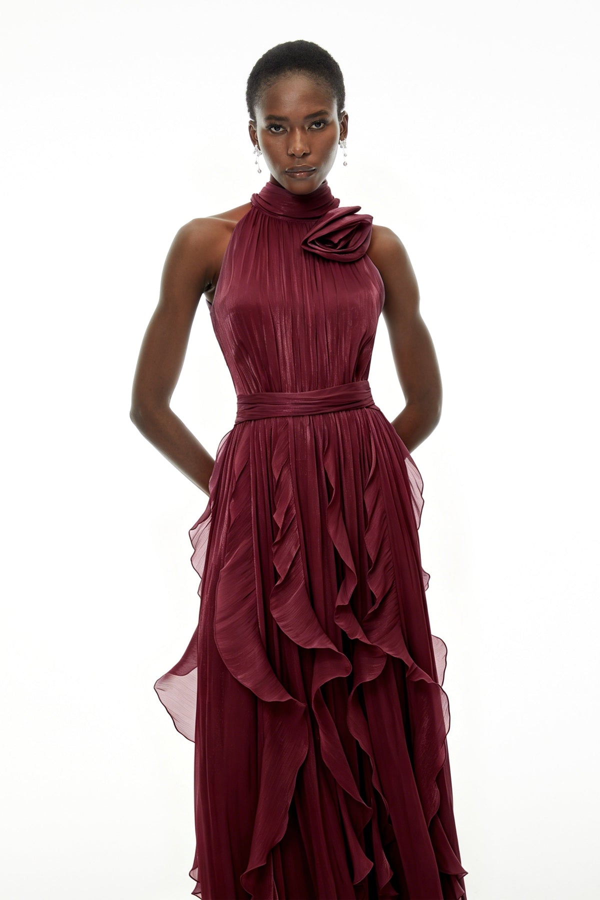 Willow Burgundy Halterneck Ruched Maxi Dress with 3D Florals