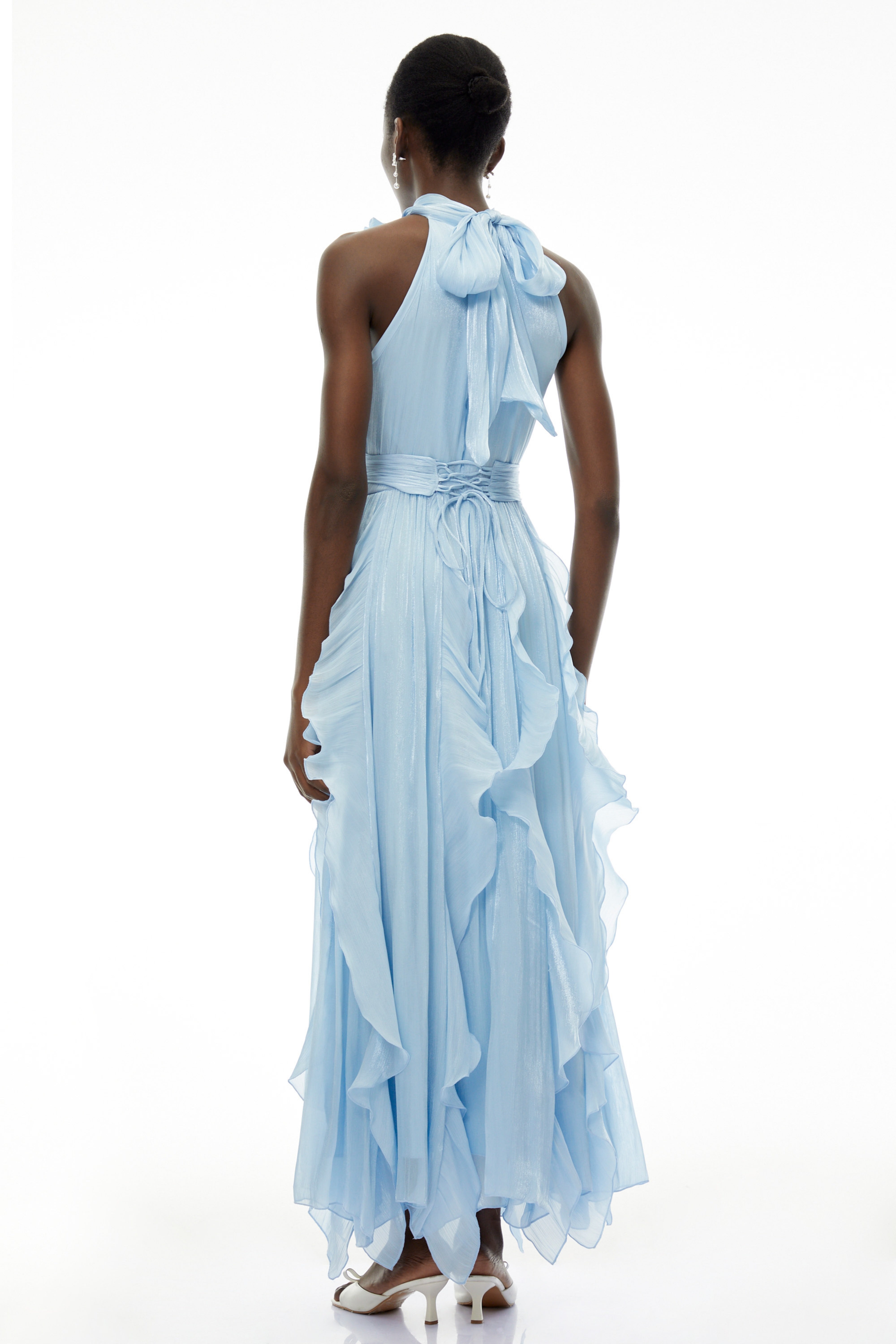 Willow Dusty Blue Halterneck Ruched Maxi Dress with 3D Florals (Final Sale)
