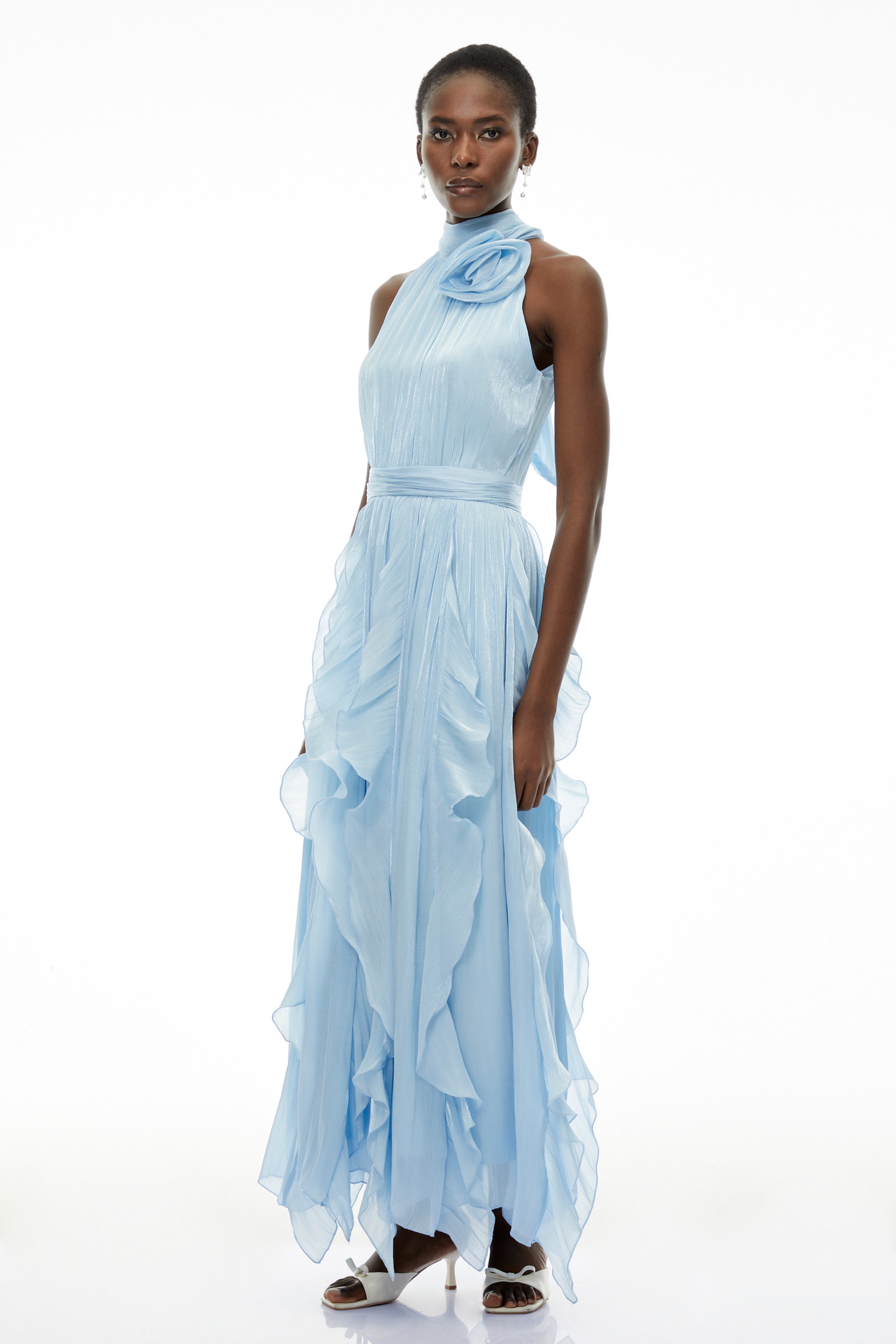 Willow Dusty Blue Halterneck Ruched Maxi Dress with 3D Florals (Final Sale)
