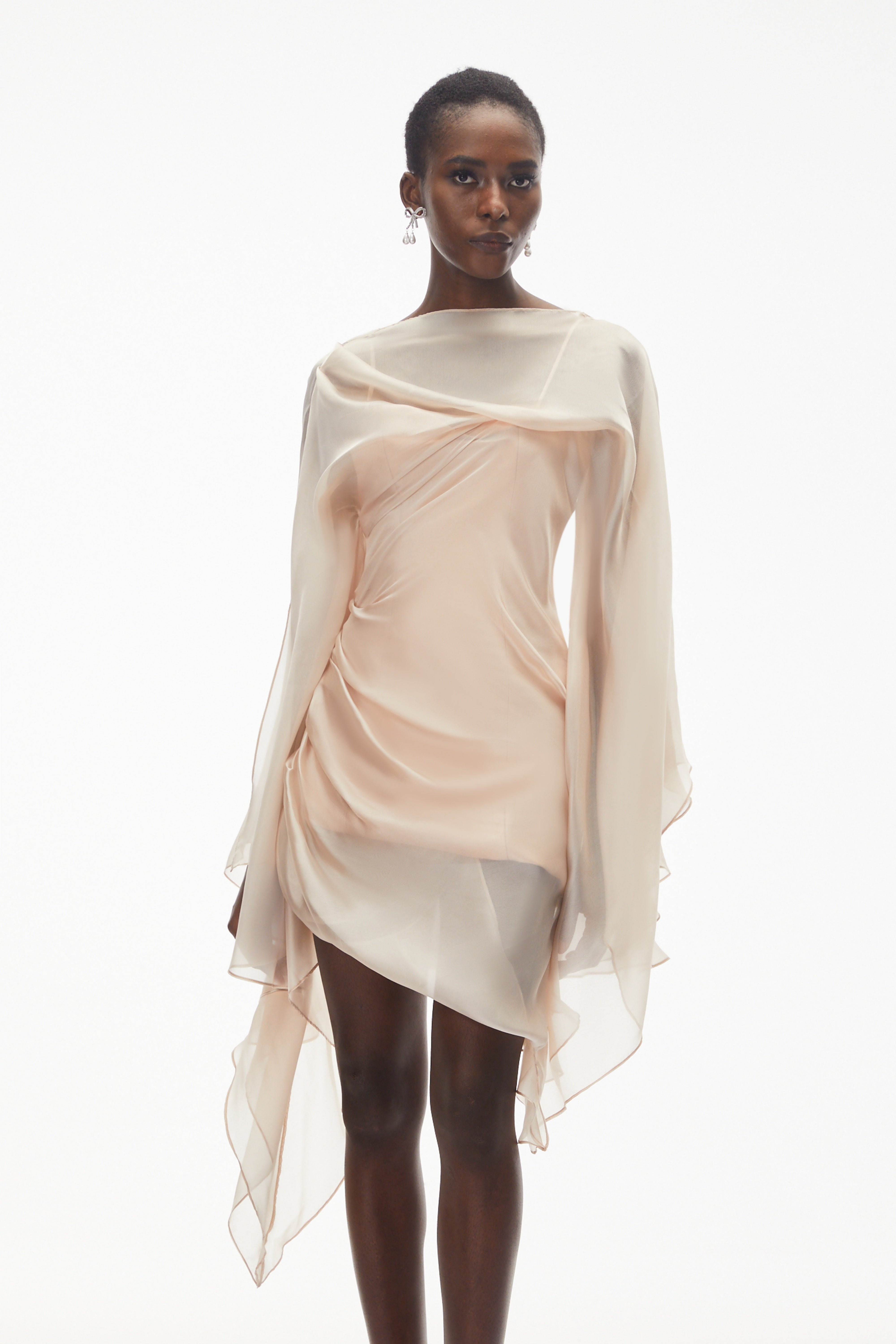 Willow Pink Asymmetrical Ruched Mesh Mini Dress