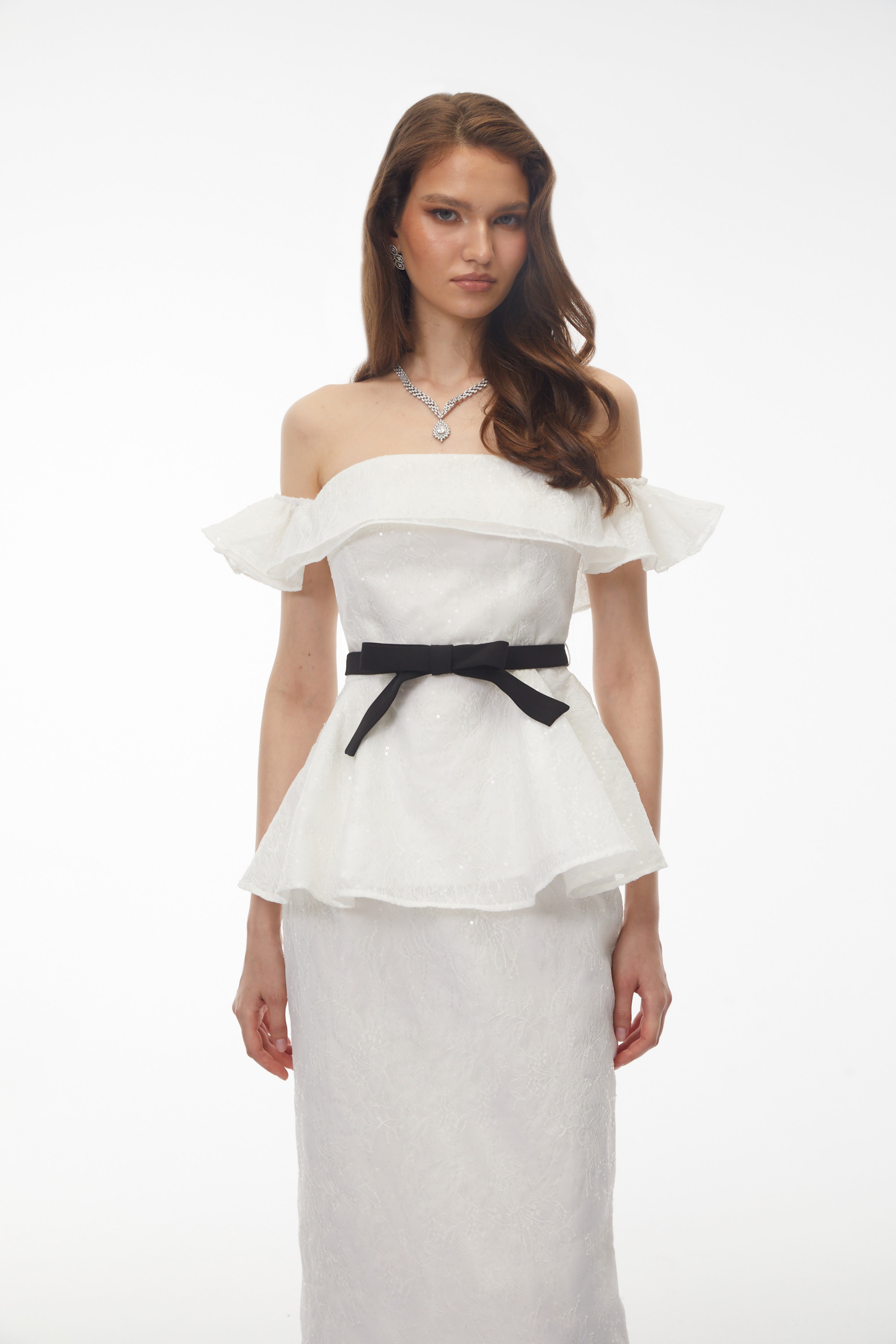 Willow White Off Shoulder Lace Top & Midi Skirt Set