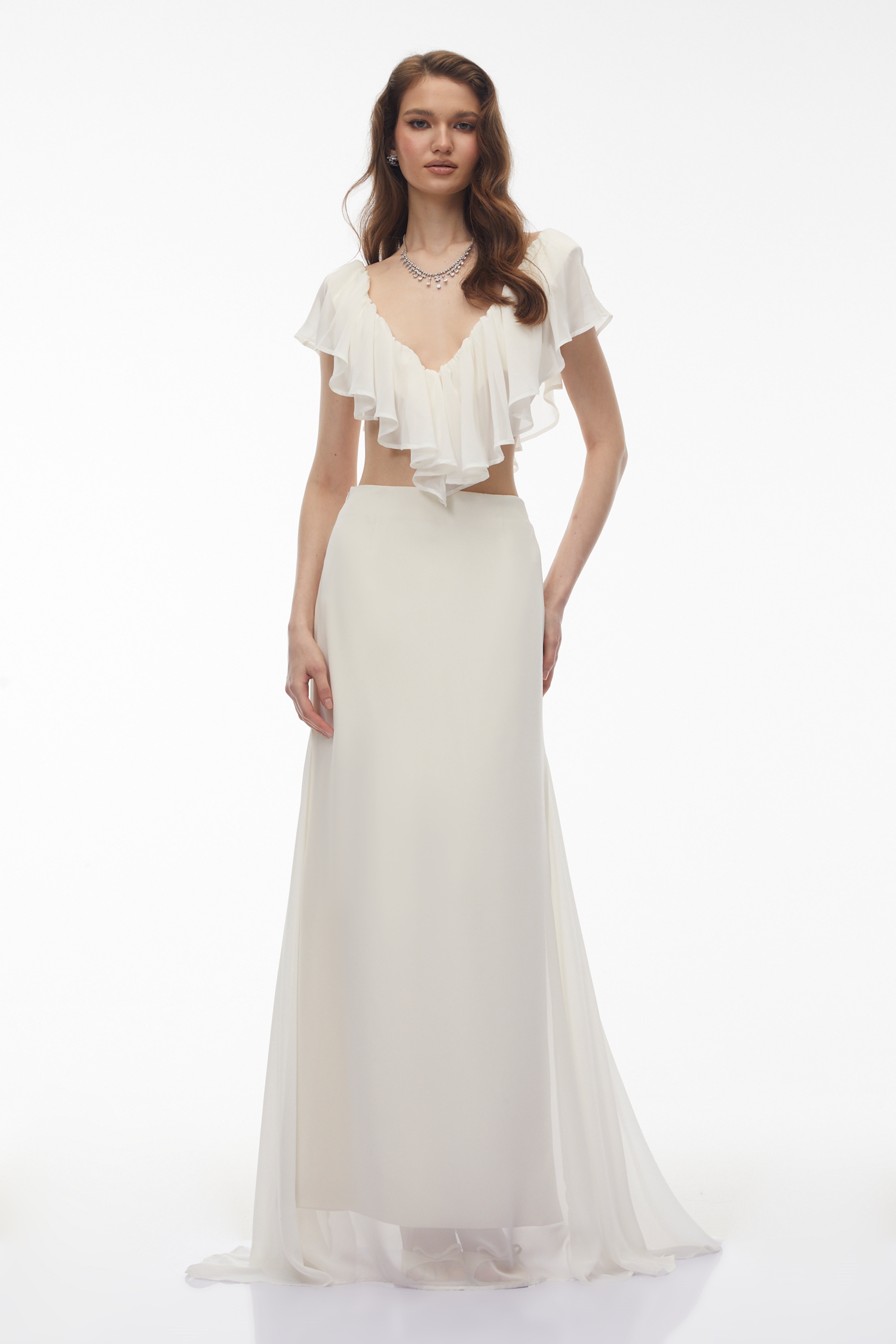 Winifred Ivory Chiffon Ruffled Top & Skirt Set