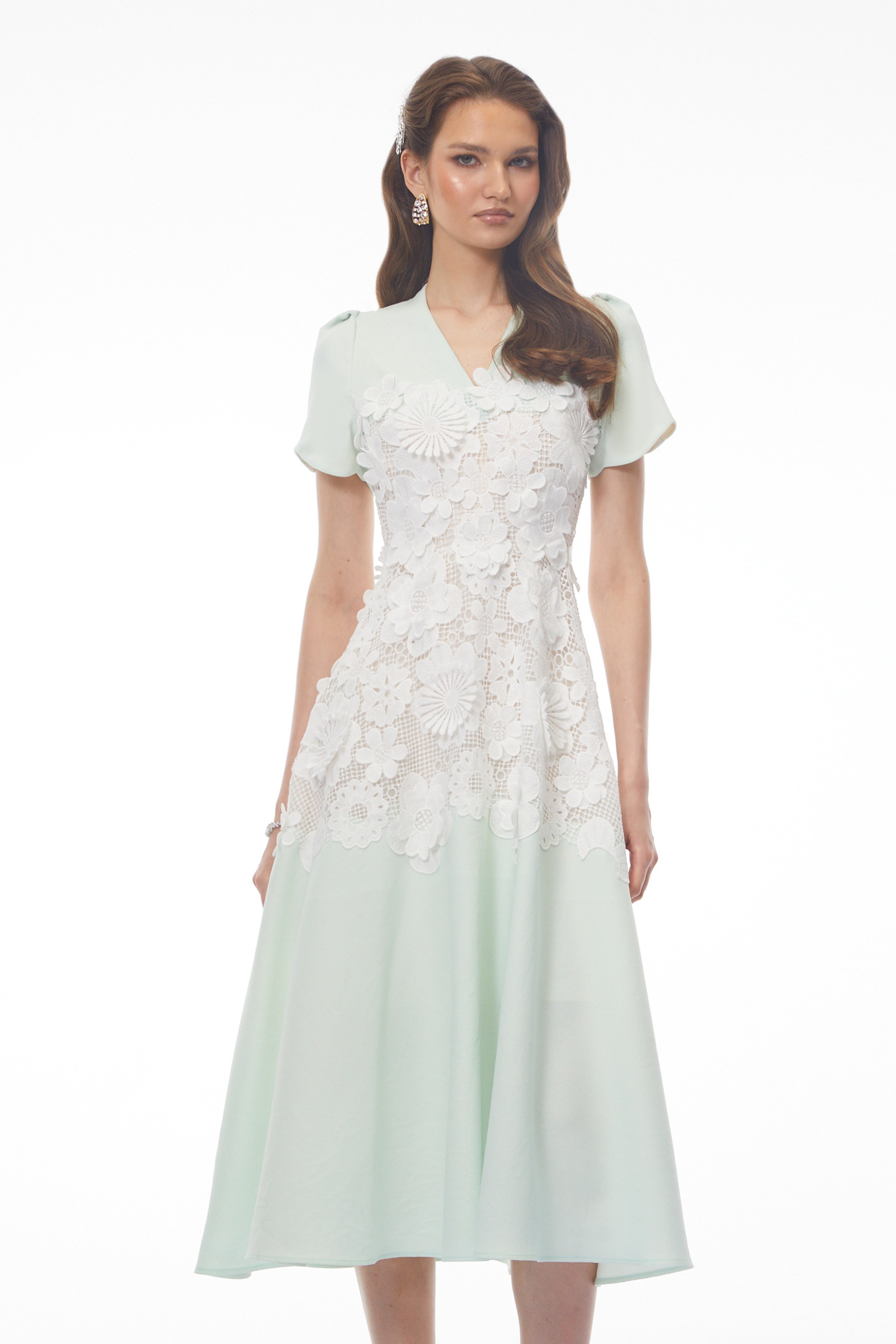 Winifred Mint Green V-Neck Midi Dress with Puff Sleeves