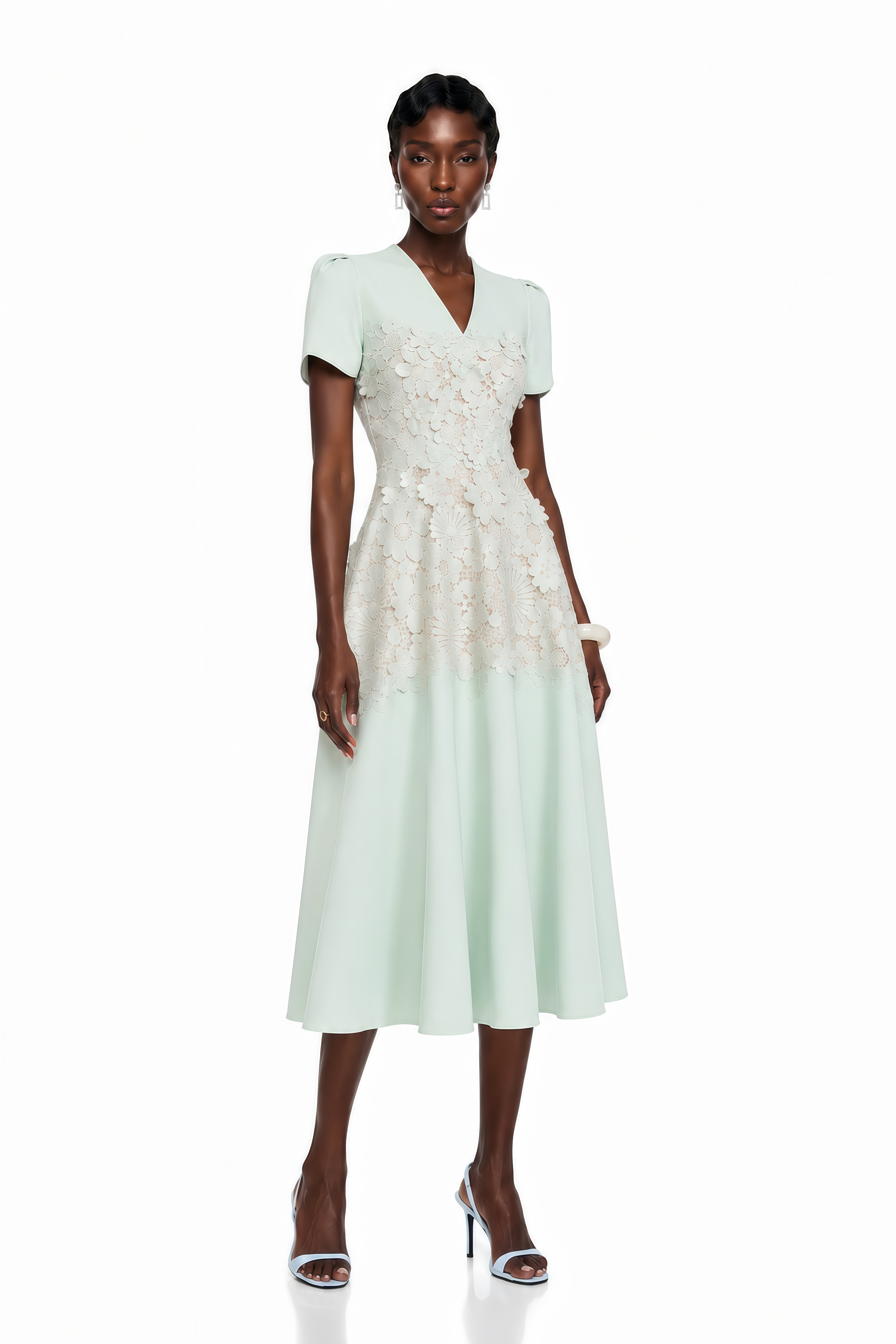 Winifred Mint Green V-Neck Midi Dress with Puff Sleeves