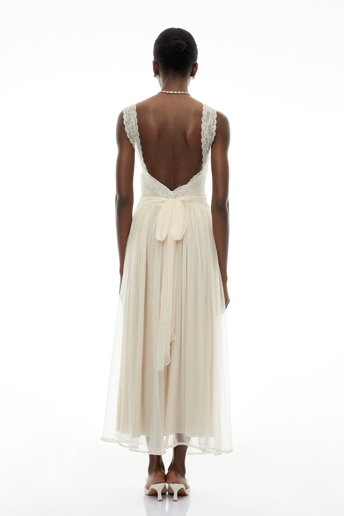 Wolfgang White Pleated Maxi Dress with Lace Panels