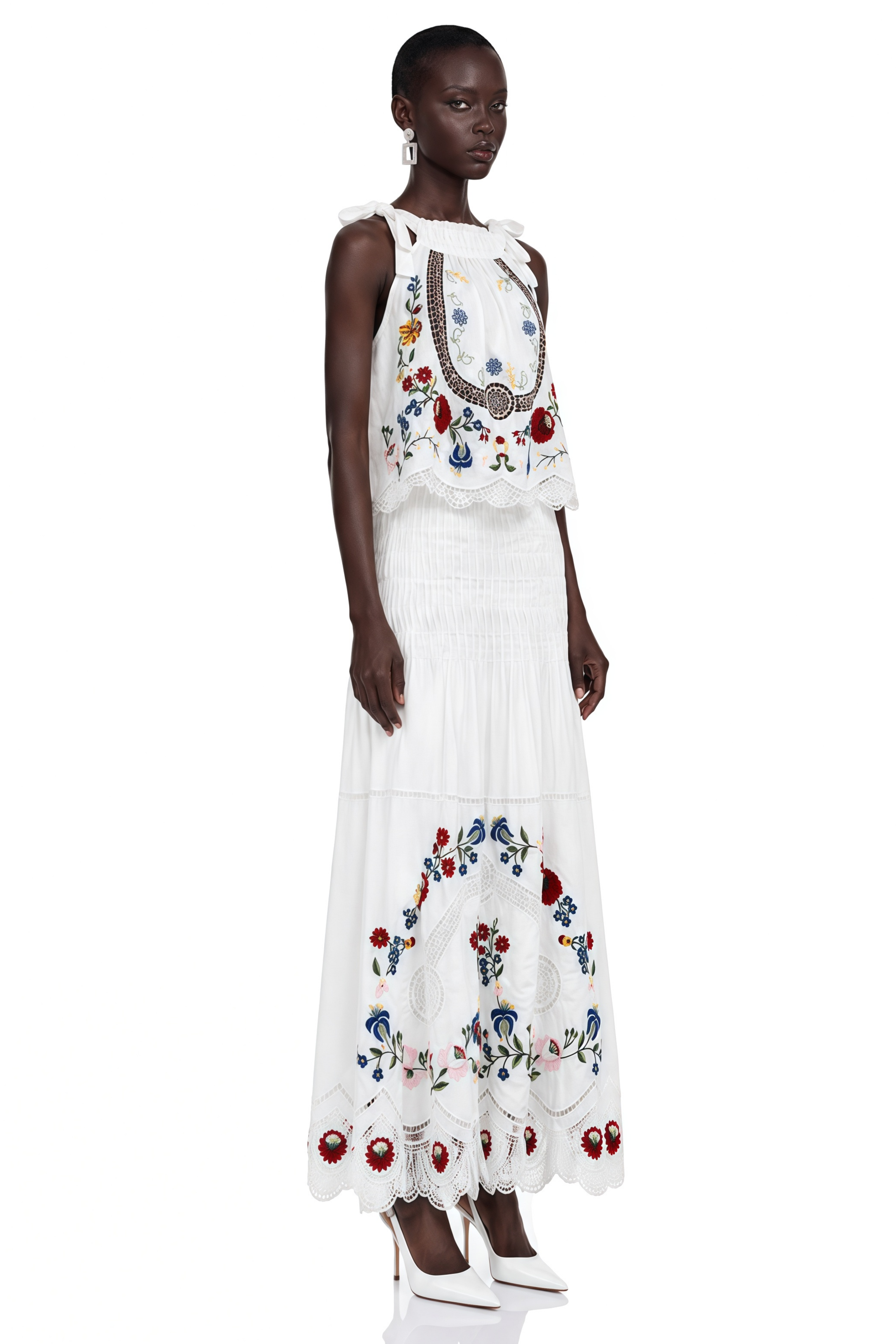 Wyna White Floral Print Top & Skirt Set with Lace Trim