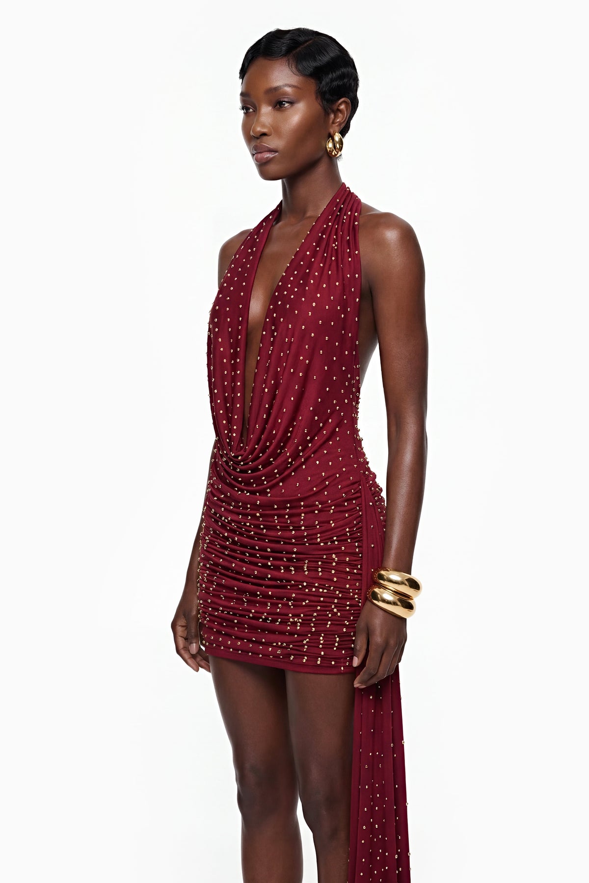 Xanthe Burgundy Beaded Mini Dress with Ribbon Detail