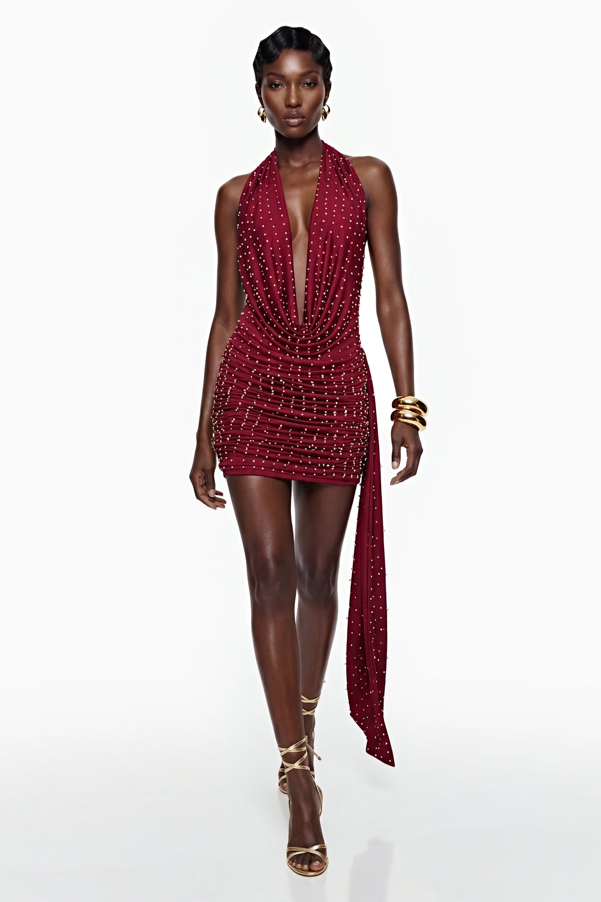 Xanthe Burgundy Beaded Mini Dress with Ribbon Detail