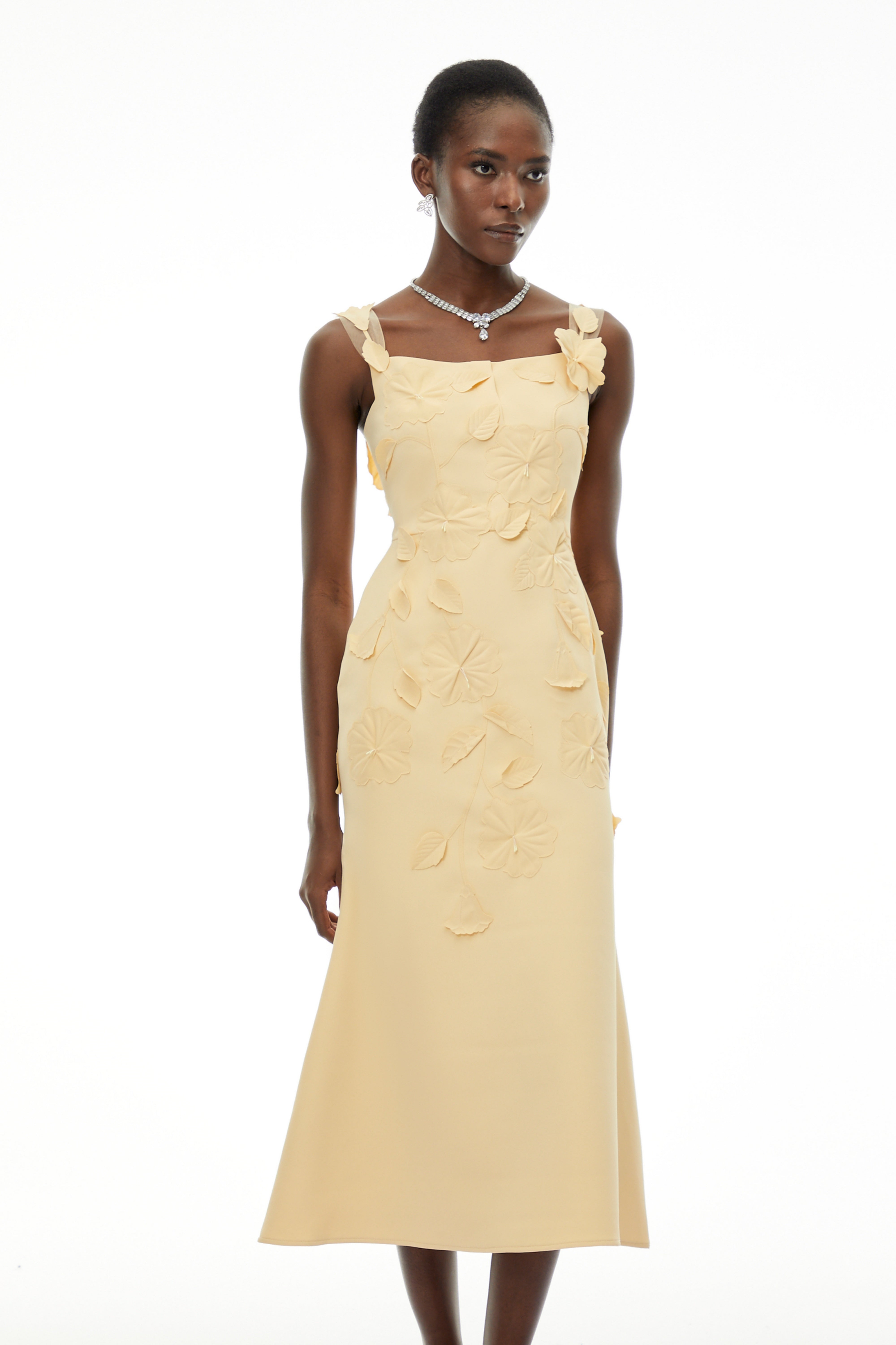 Ximena Yellow Floral Applique Fishtail Midi Dress