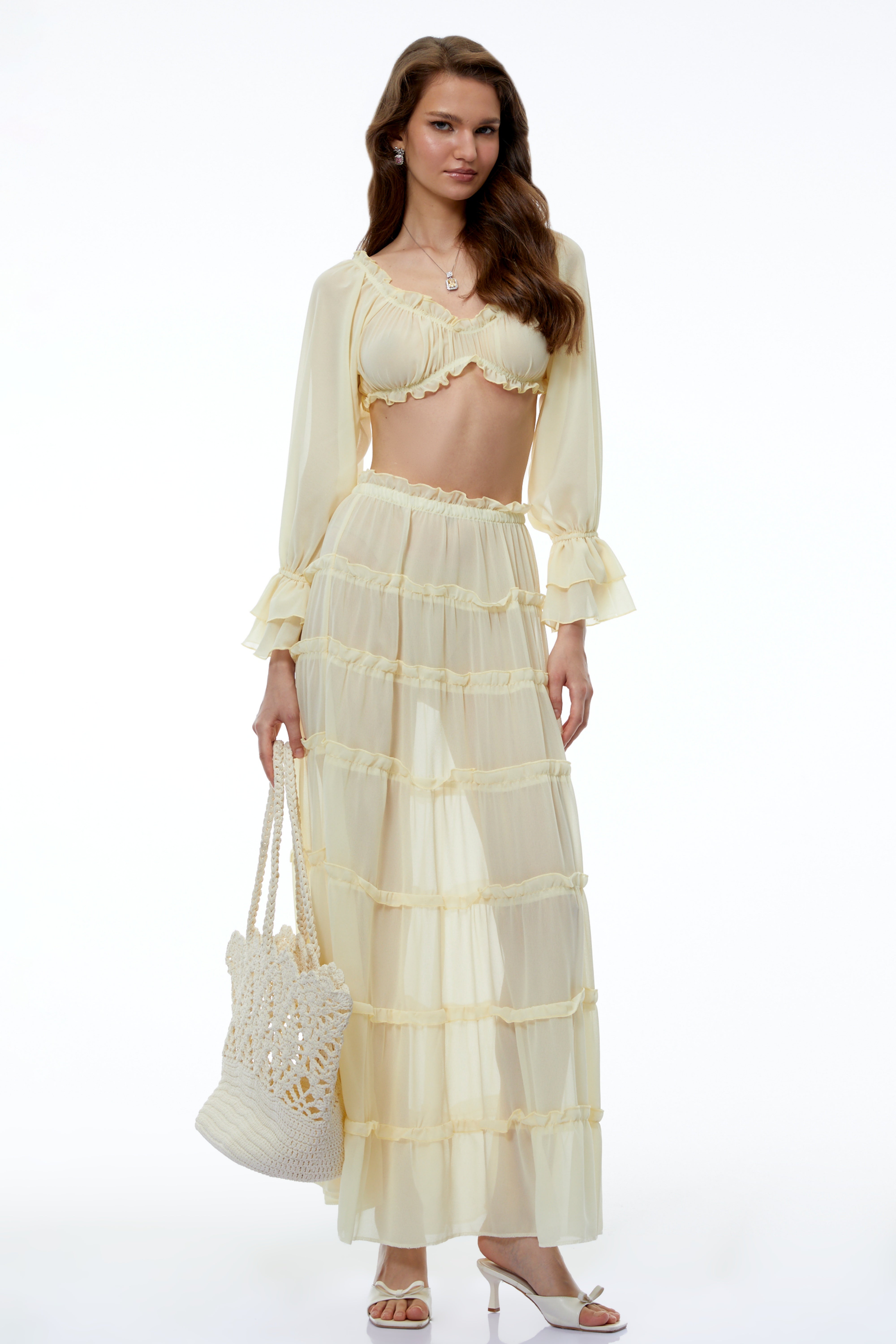 Xiwangmu Yellow Off Shoulder Blouse & Tiered Skirt Set