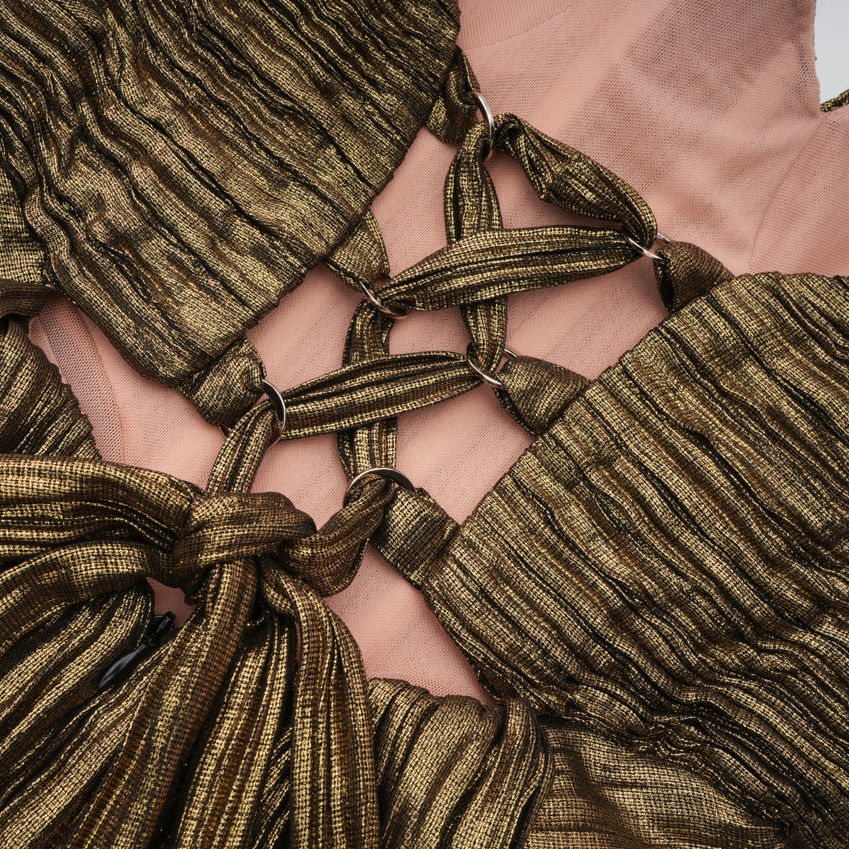 xrystyna gold metallic ruched maxi dress