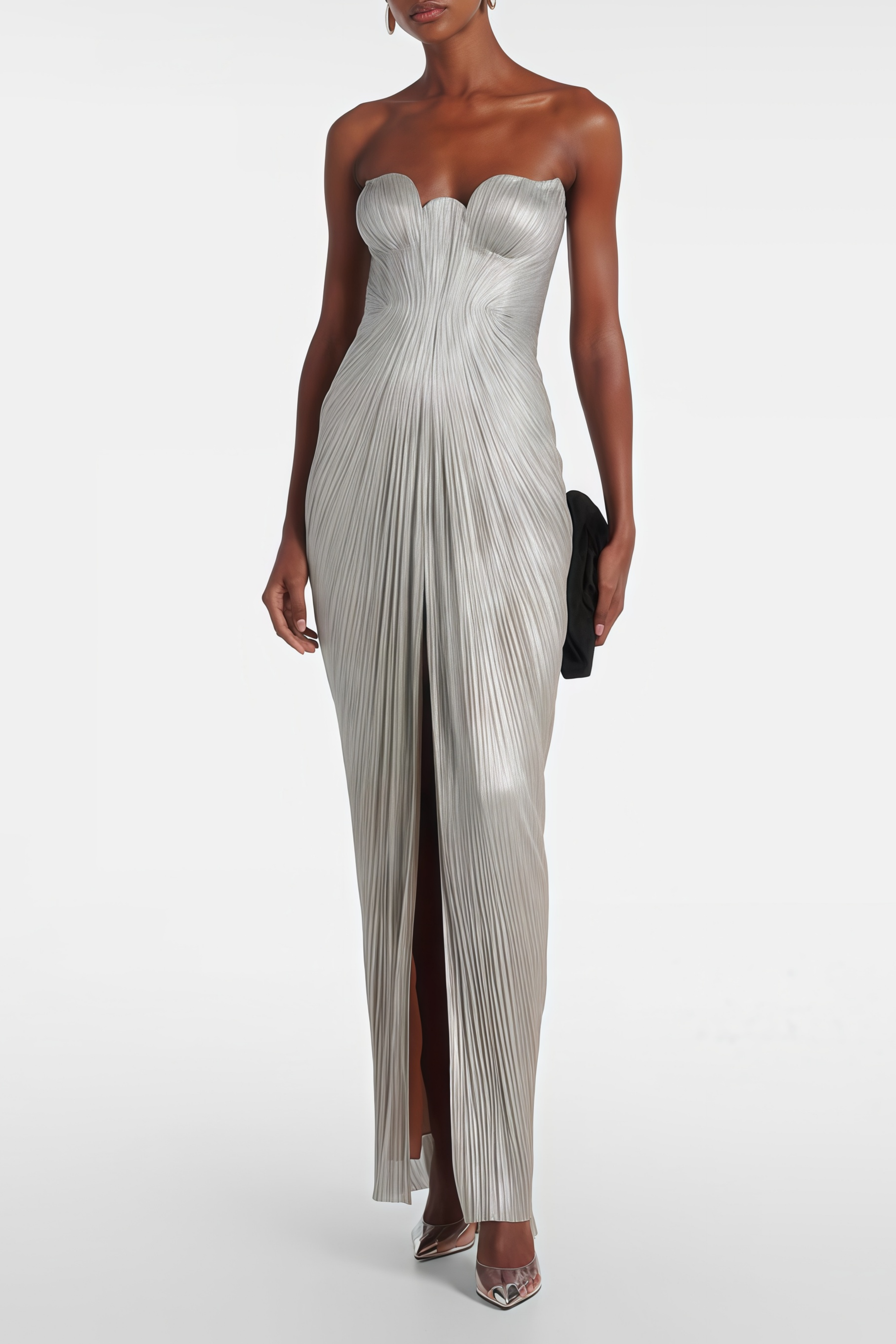 Xrystyna Silver Metallic Ruched Maxi Dress
