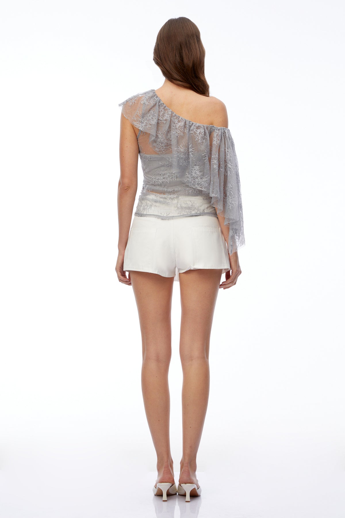 Yara Grey Lace One Shoulder Ruffled Top
