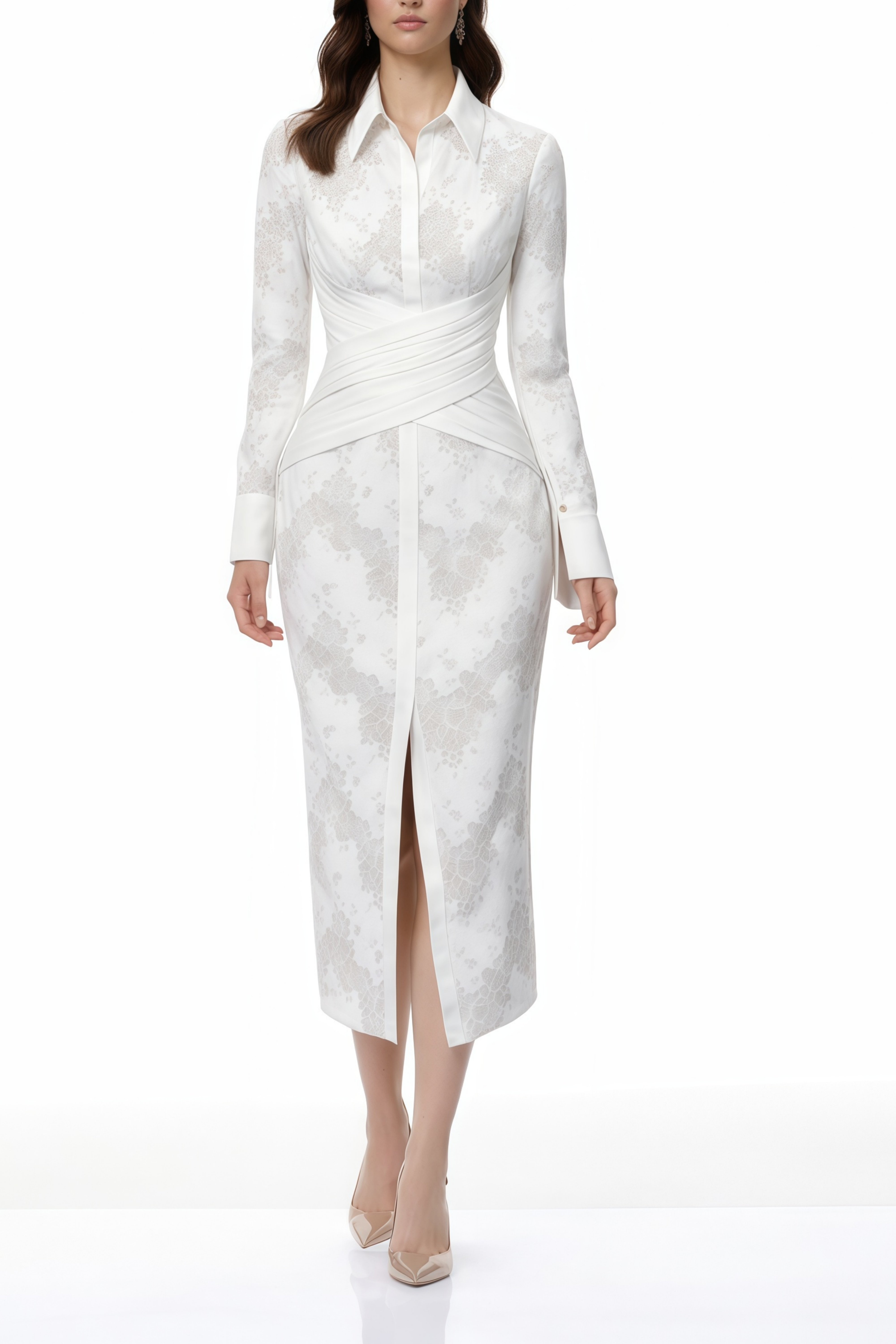 Yarden White Floral Lace Wrap Midi Dress