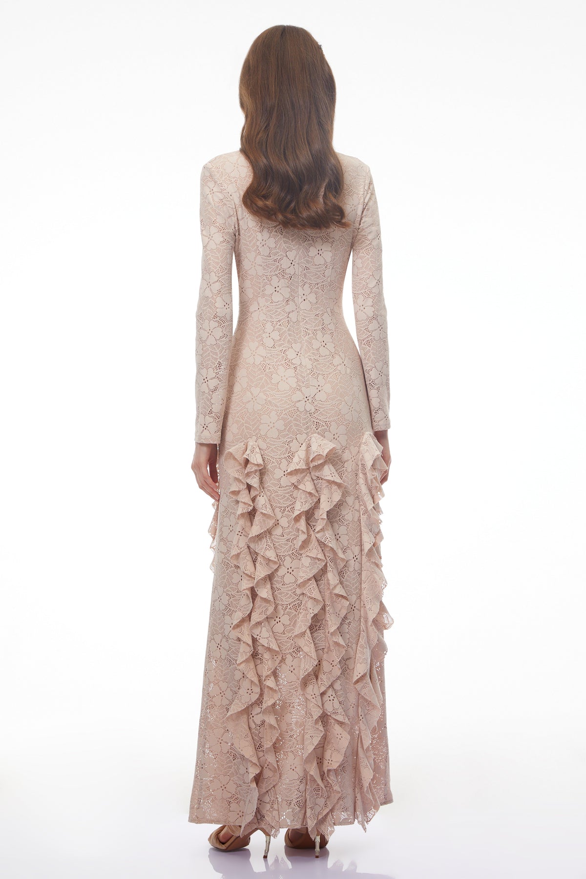 Yasemin Nude Floral Lace Ruffled Maxi Dress