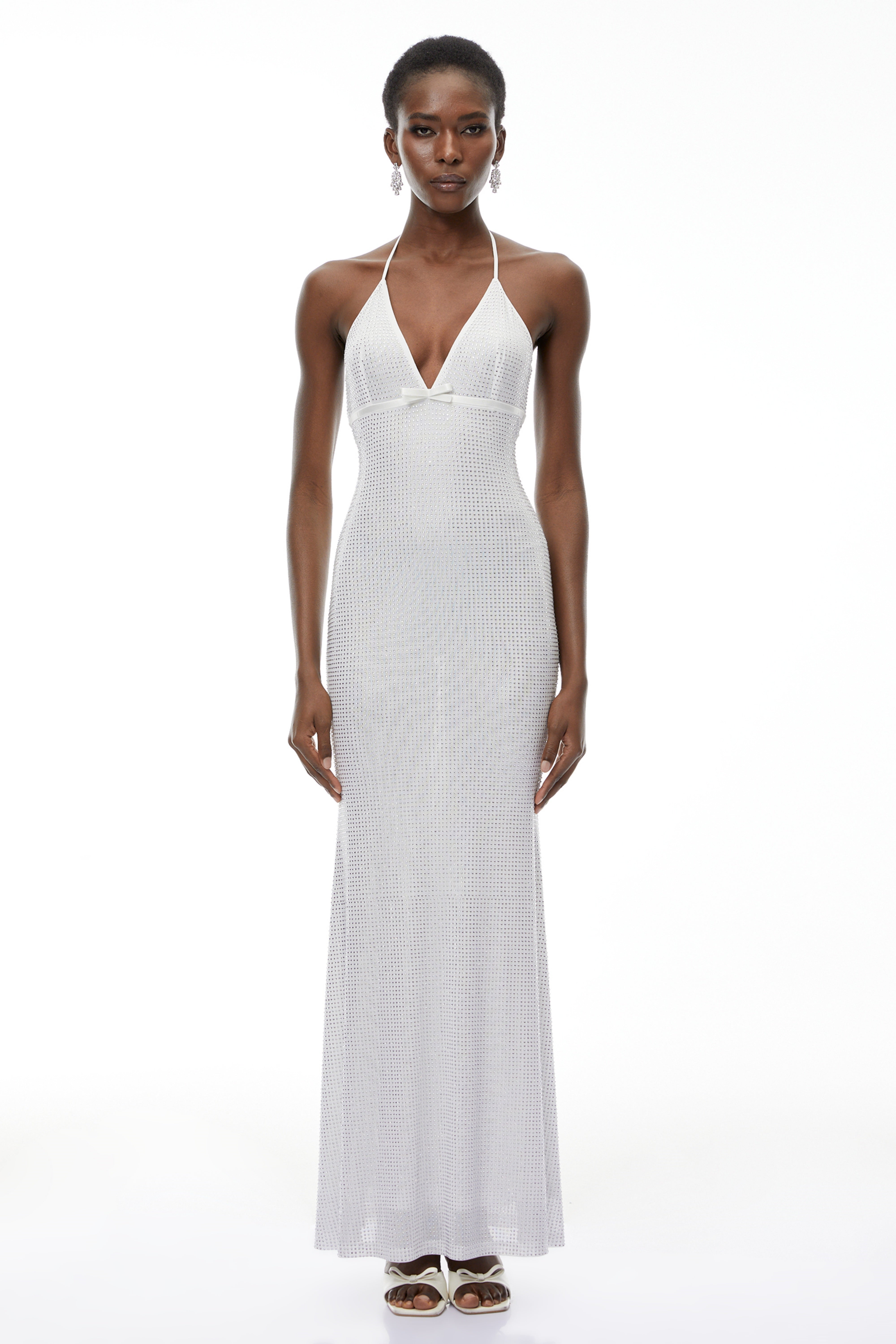 Yasmine Silver Rhinestone Embellished Maxi Dress
