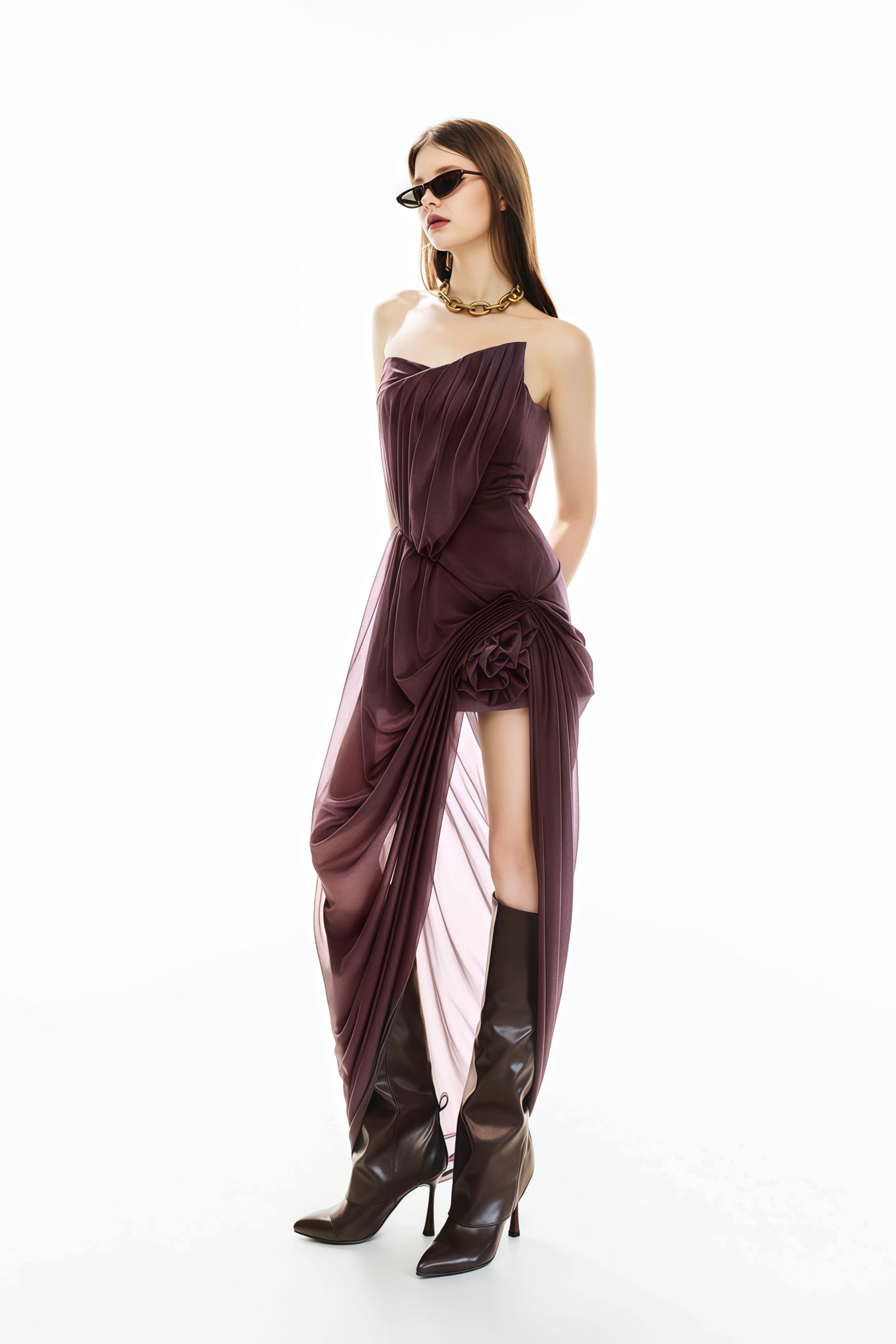 Yelyzaveta Purple Asymmetrical Maxi Dress with 3D Petals
