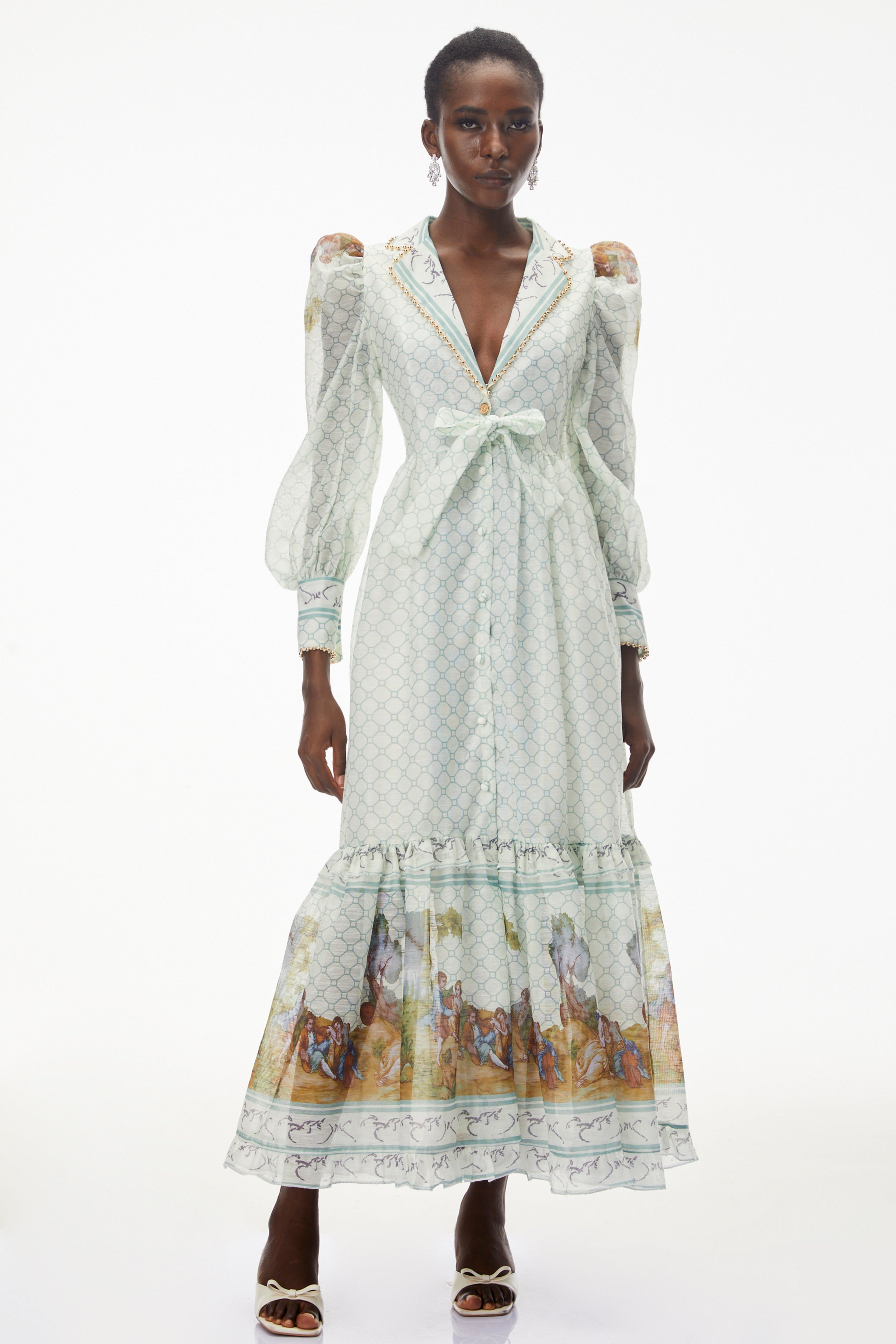 Yemaya Sage Green Plunge Neck Floral Maxi Dress
