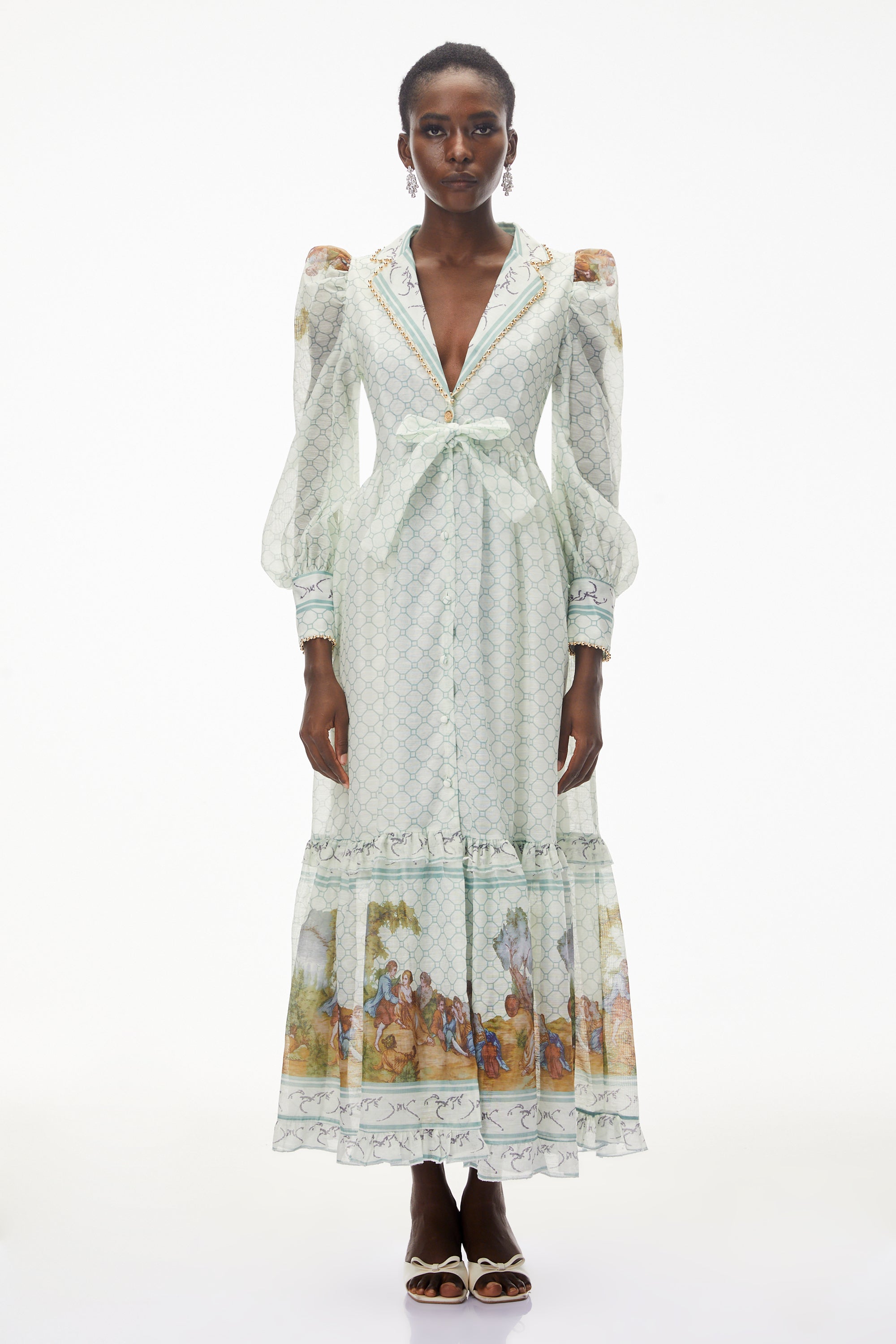 Yemaya Sage Green Plunge Neck Floral Maxi Dress