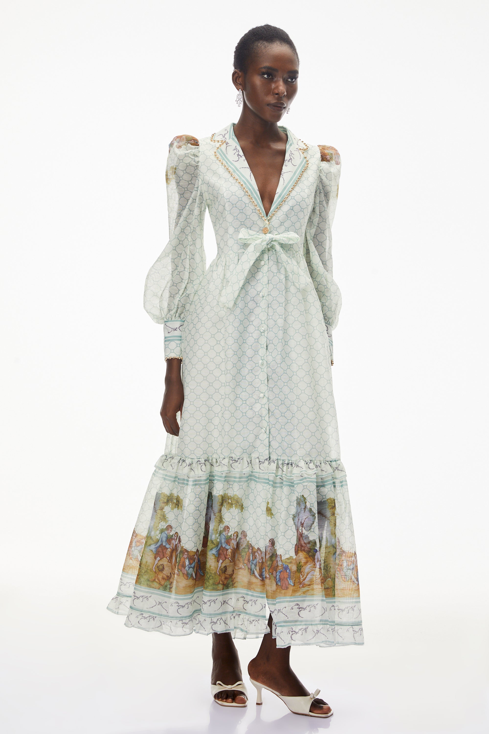 Yemaya Sage Green Plunge Neck Floral Maxi Dress