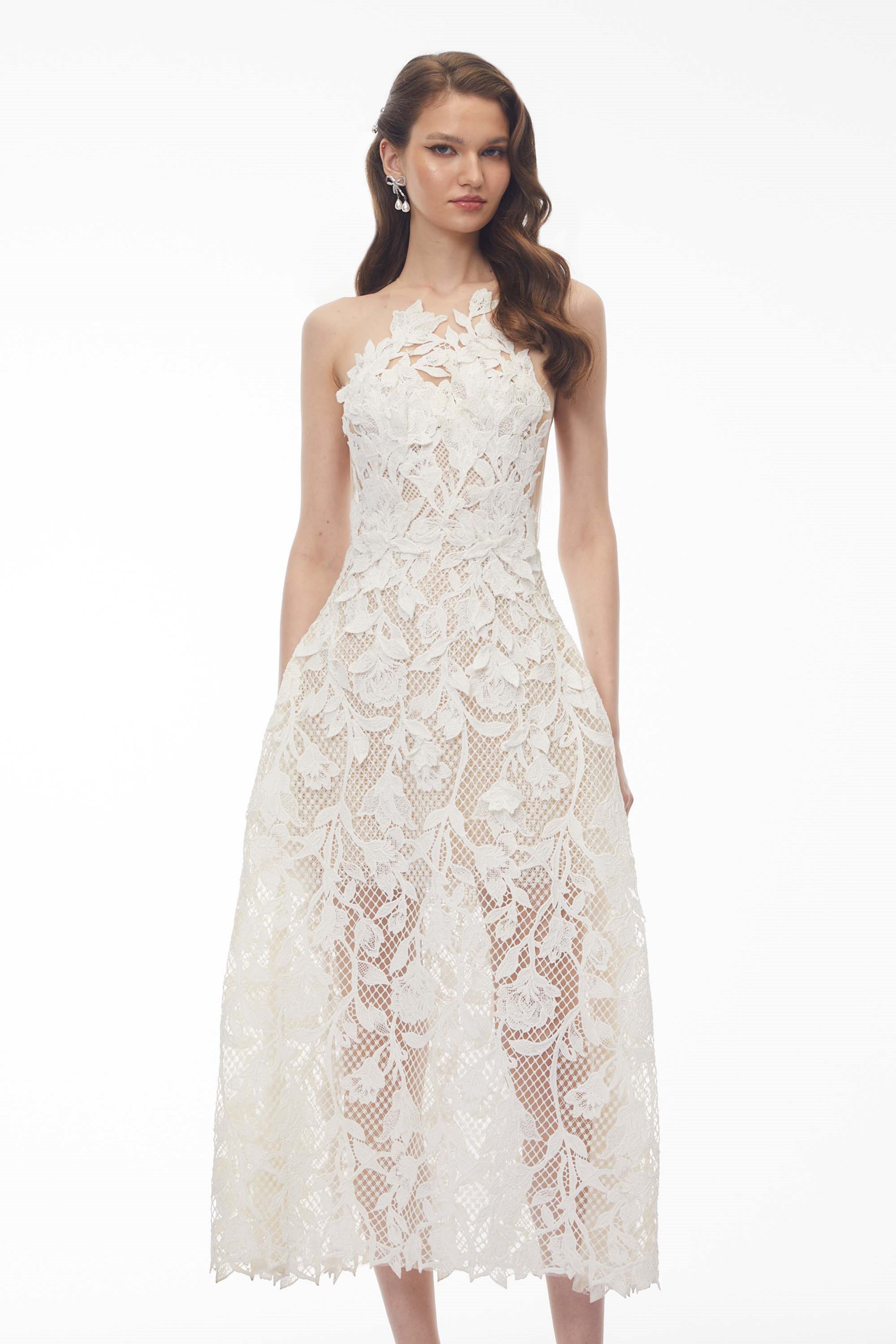Yolanda White Midi Dress with Floral Applique