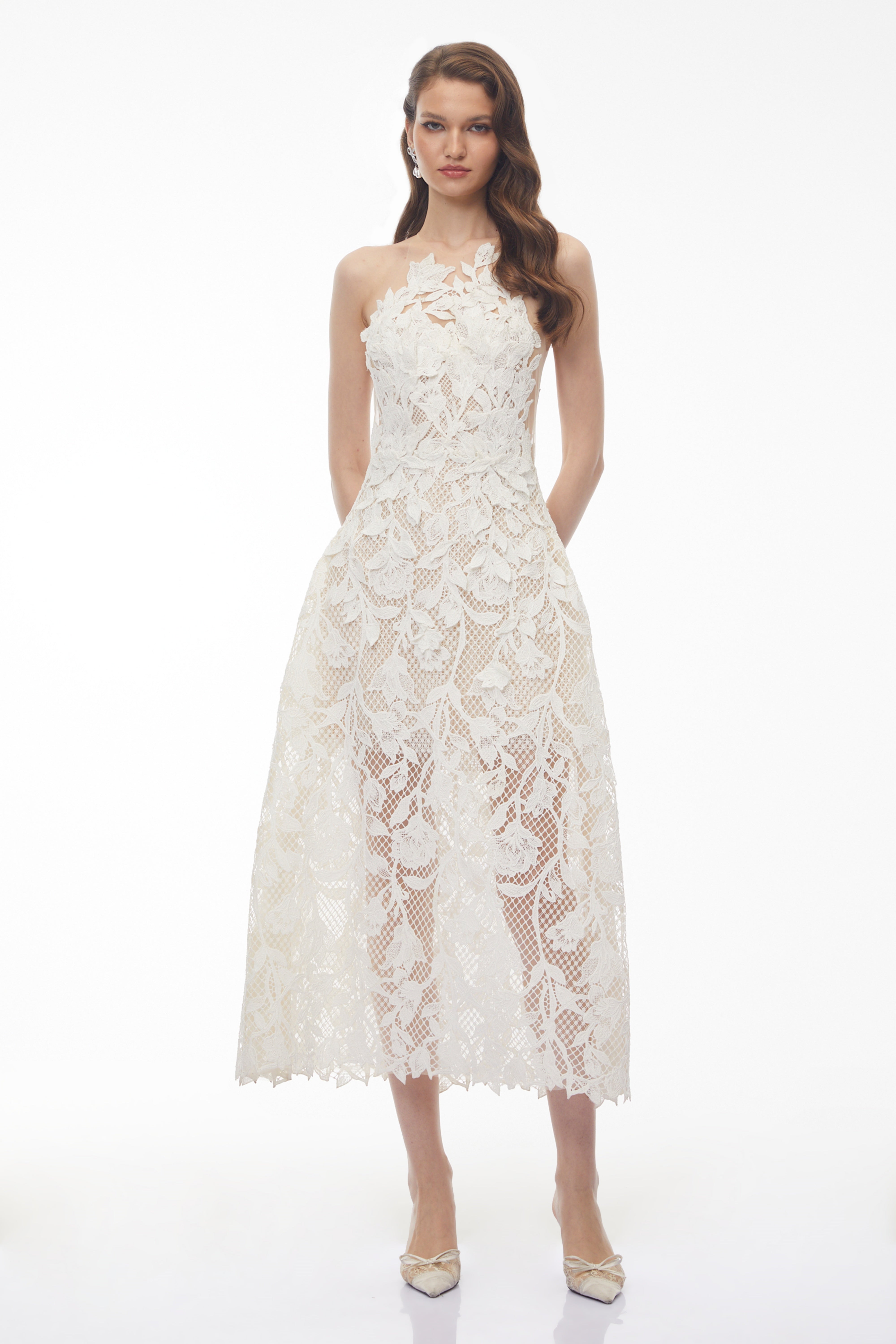 Yolanda White Midi Dress with Floral Applique