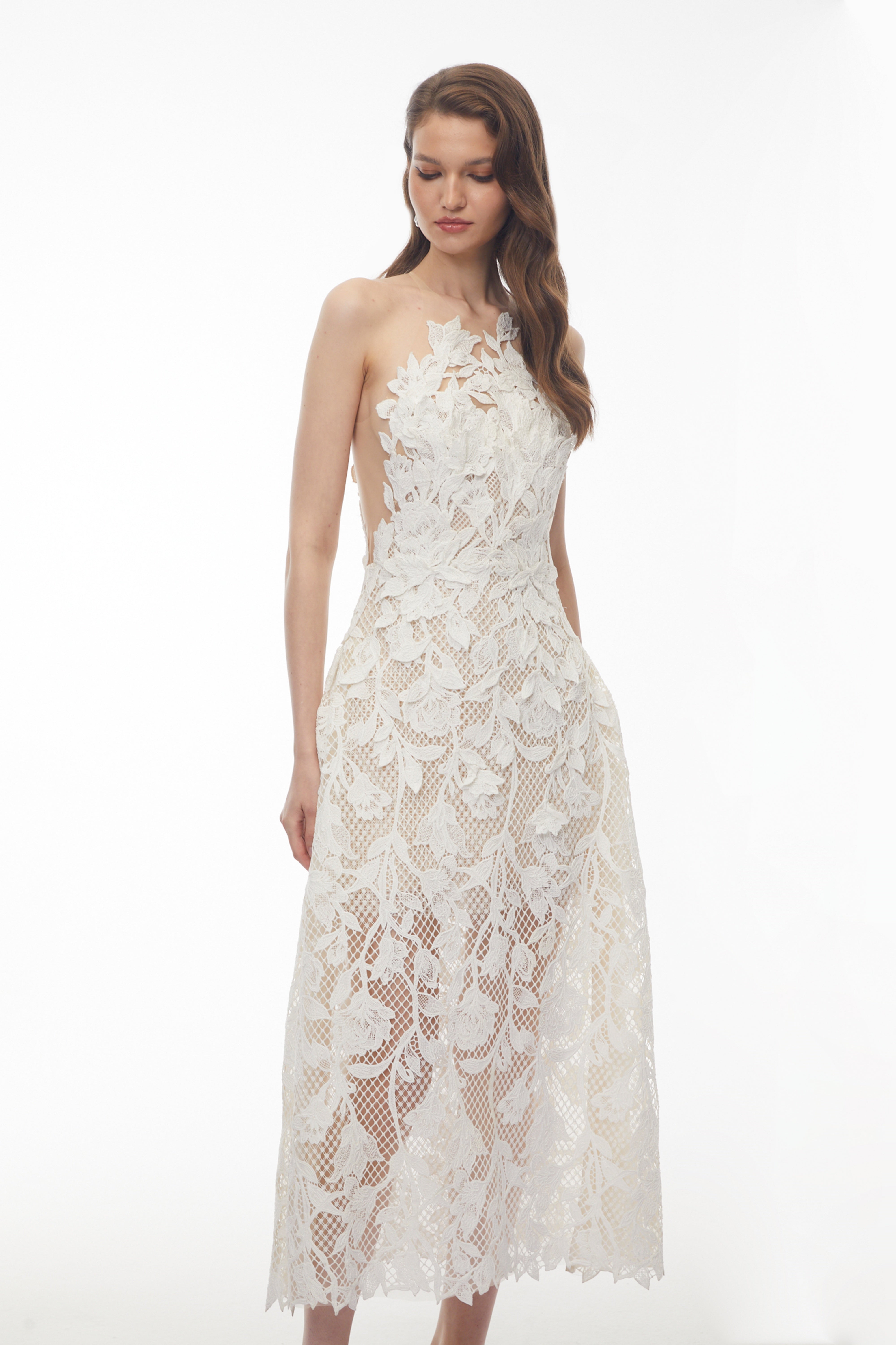 Yolanda White Midi Dress with Floral Applique