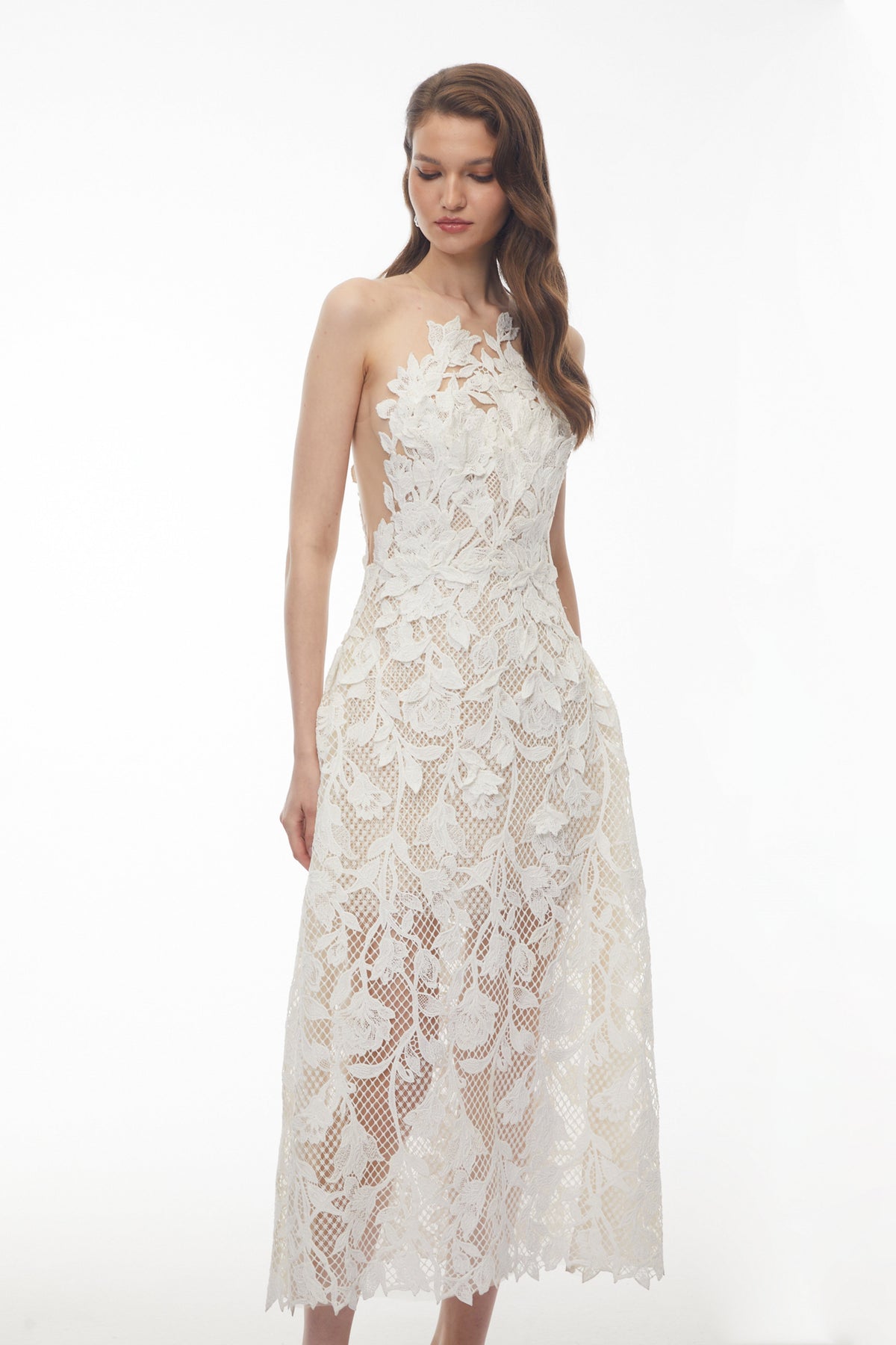 Yolanda White Midi Dress with Floral Applique